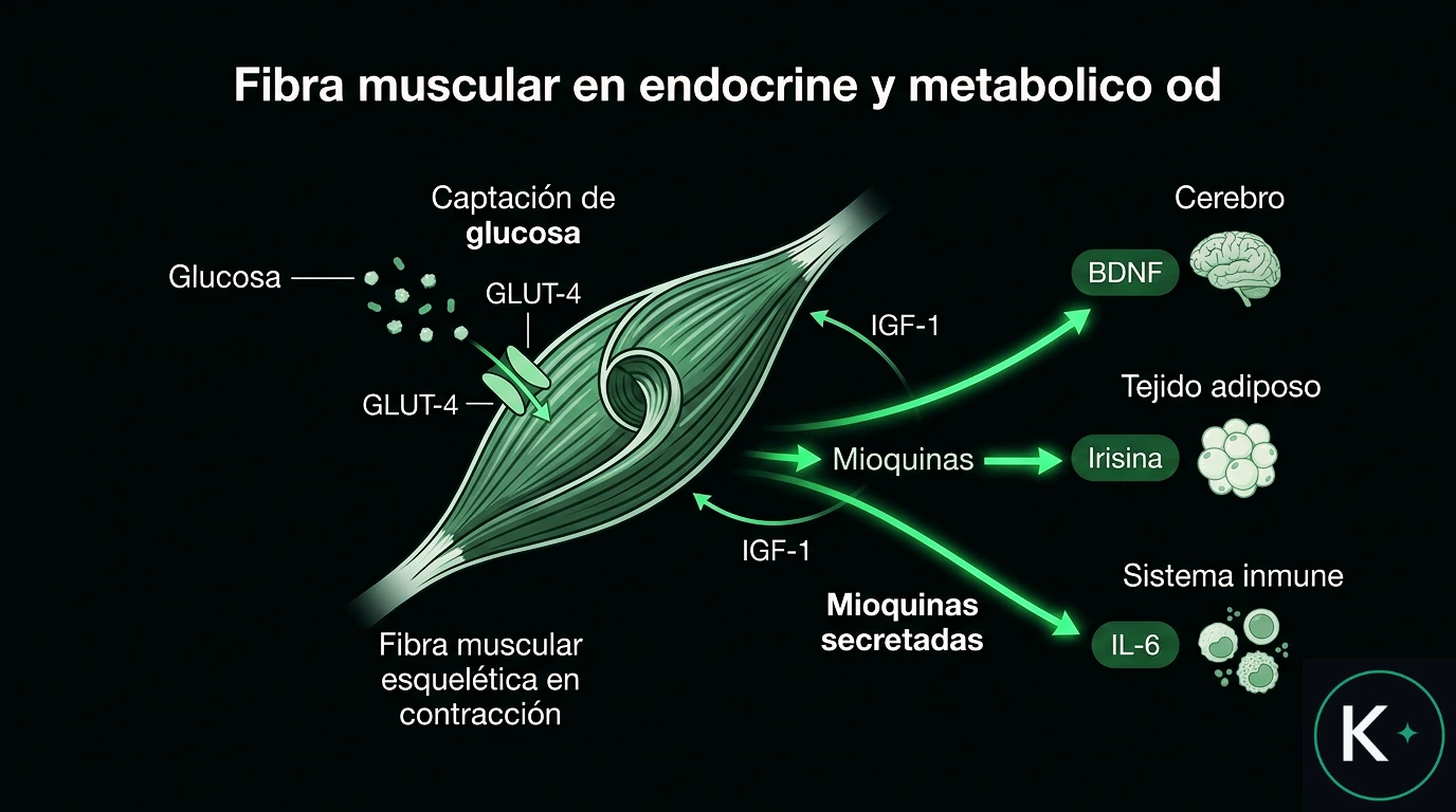 Diagrama del músculo esquelético como órgano endocrino: una fibra muscular en contracción capta glucosa por transportadores GLUT-4 y libera mioquinas (irisina, IL-6, BDNF, IGF-1) hacia el cerebro, el tejido adiposo y el sistema inmune.