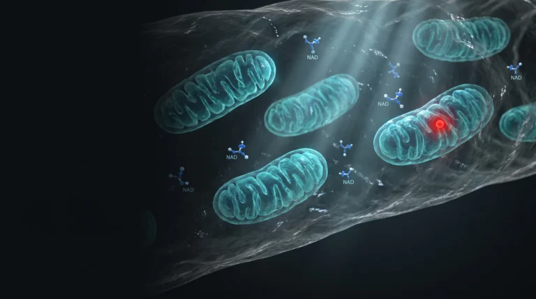 Interior de una fibra muscular con mitocondrias y moléculas de NAD+ iluminadas en cian, ilustrando el NAD+ tisular frente a la edad.