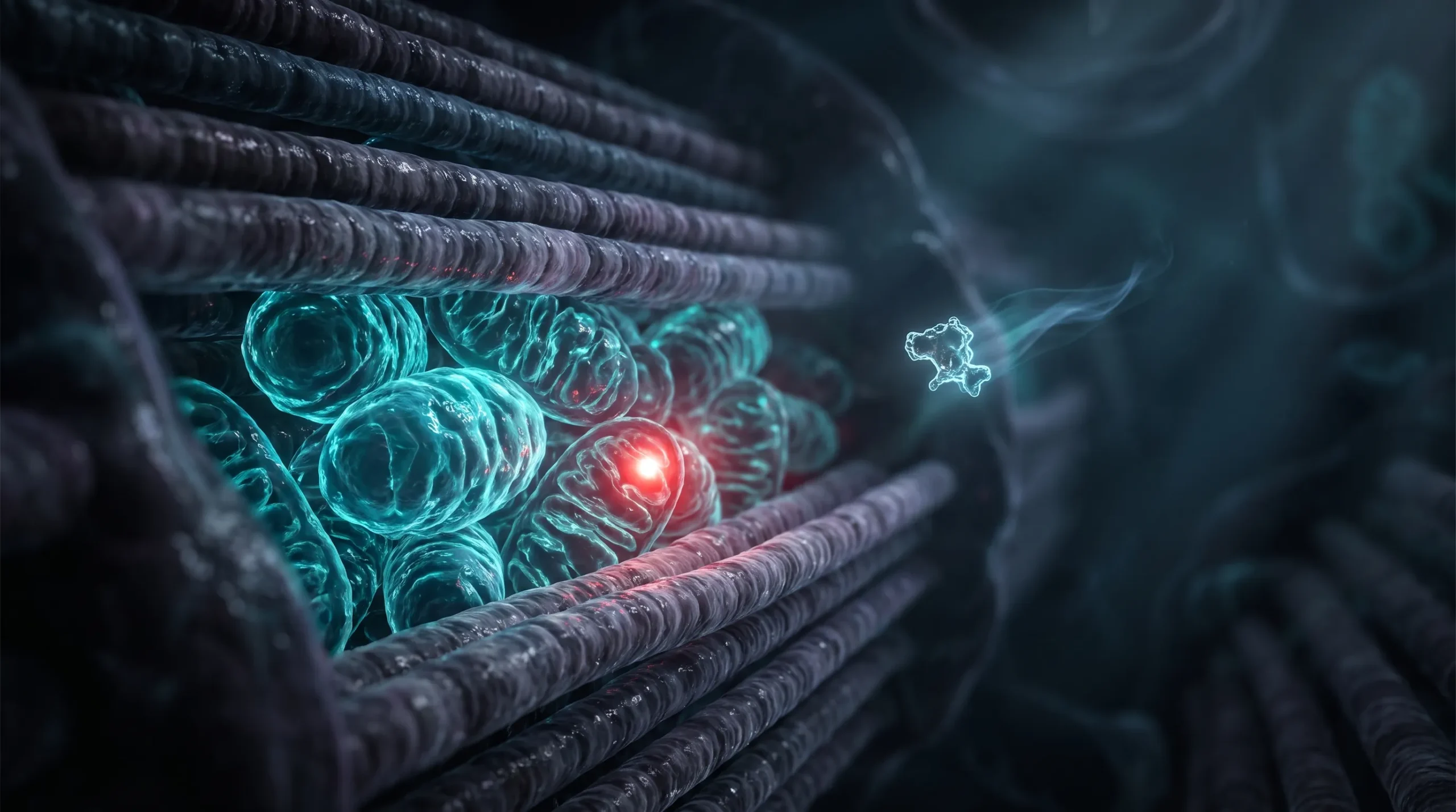 Ilustración molecular del interior de una fibra muscular con sus mitocondrias, que ilustra la pregunta de si el NAD+ baja con la edad en el tejido.
