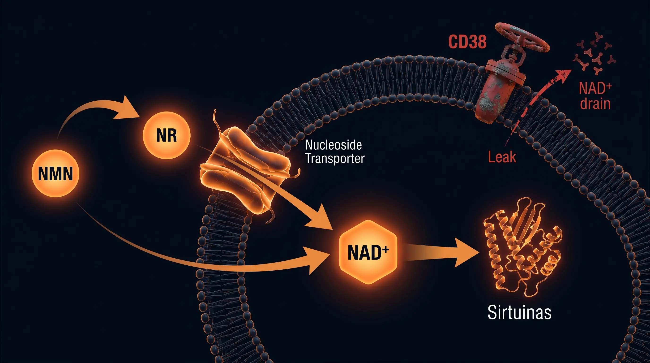 Diagrama de la ruta del NMN y el NR hacia el NAD+: el NMN se convierte en NR, que entra en la célula y forma NAD+, mientras la enzima CD38 drena parte del NAD+.
