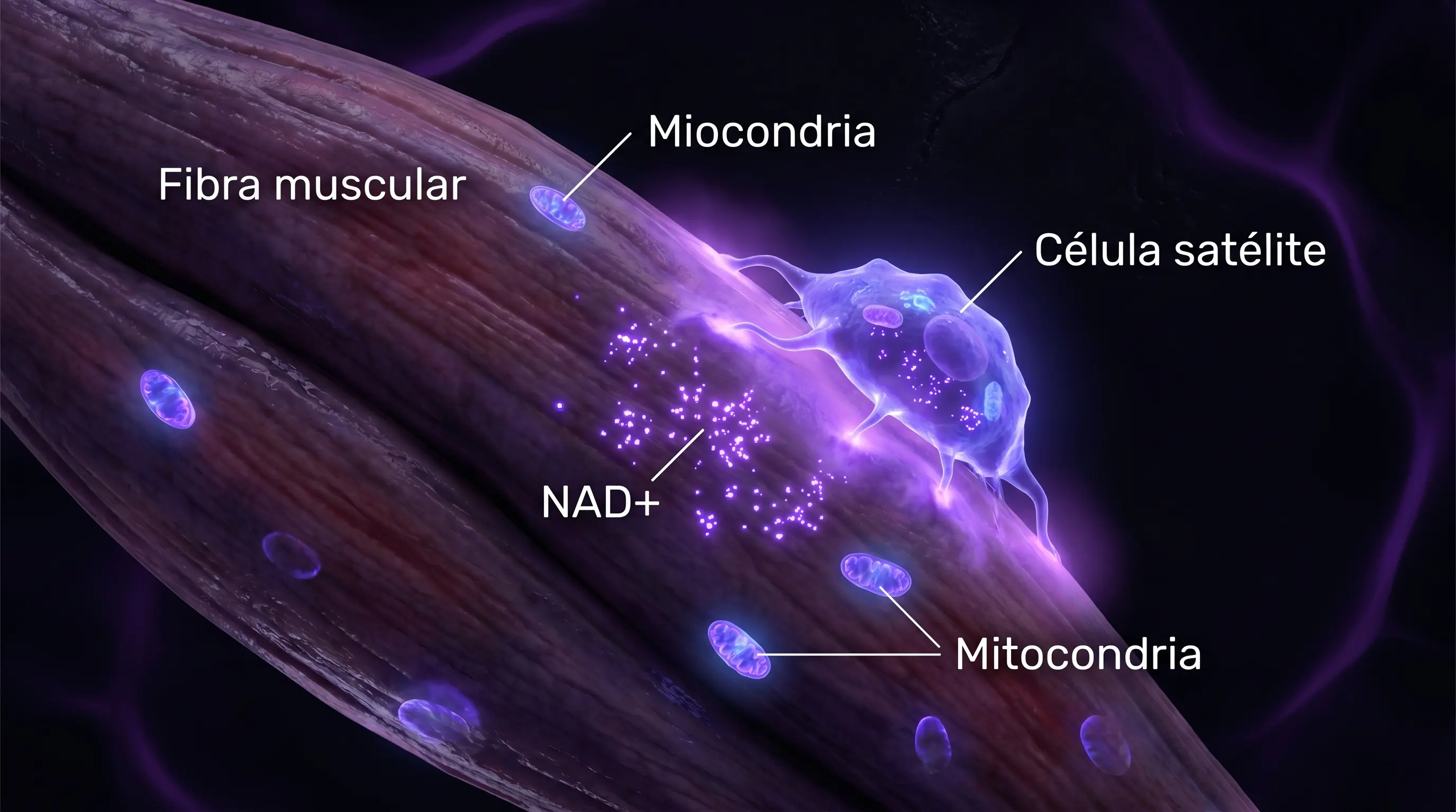 Escena de m&uacute;sculo esquel&eacute;tico envejecido en regeneraci&oacute;n con una c&eacute;lula sat&eacute;lite reactiv&aacute;ndose junto a una fibra muscular, energ&iacute;a NAD y mitocondrias, ilustrando el efecto precl&iacute;nico de la inhibici&oacute;n de NNMT.
