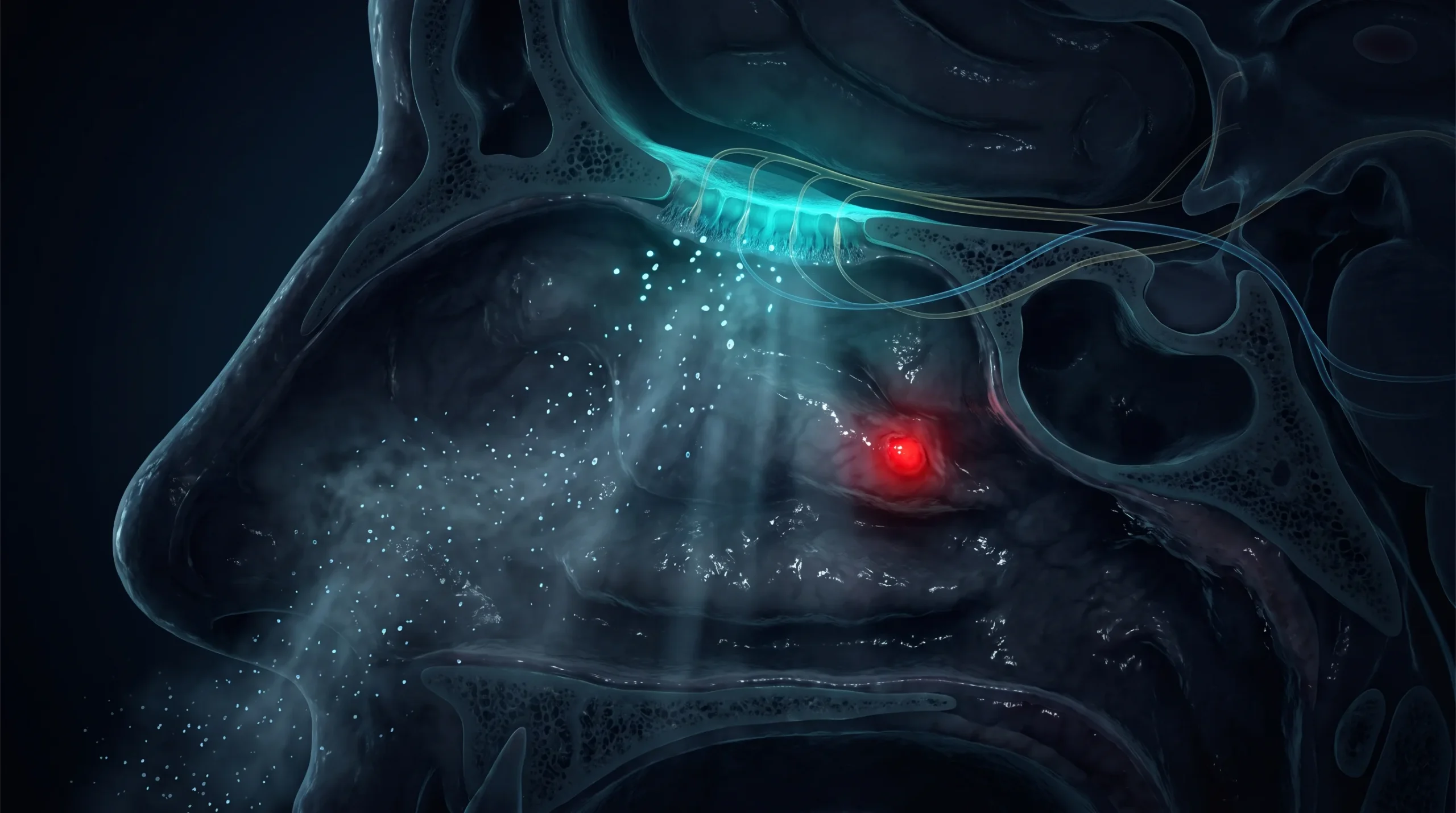 Ilustración de la cavidad nasal para explicar los nootrópicos intranasales, con el cleft olfatorio iluminado y el aerosol depositándose en la pared respiratoria.
