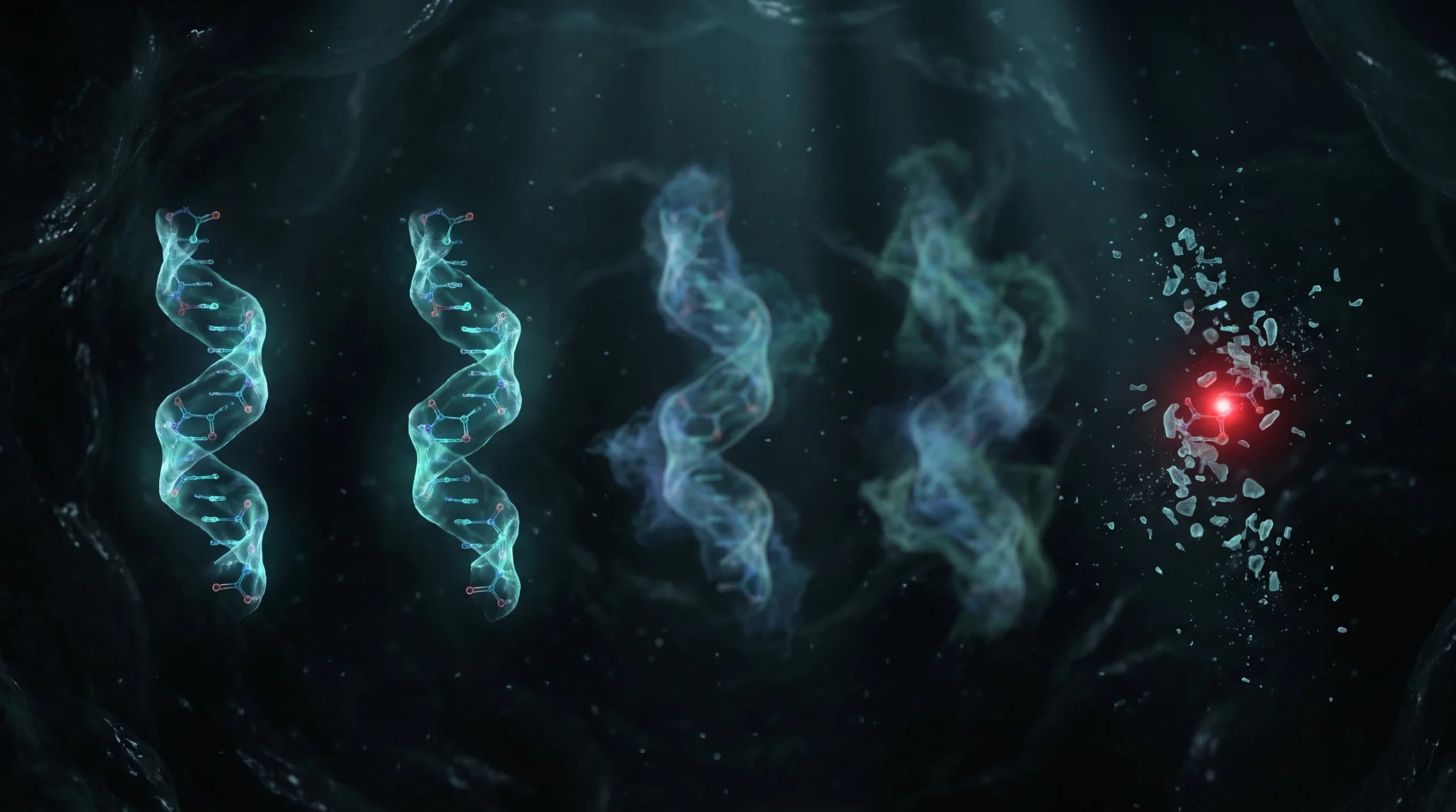 Ilustración molecular de los cinco nootrópicos peptídicos, con las cadenas mejor respaldadas nítidas y la de peor evidencia fragmentándose.