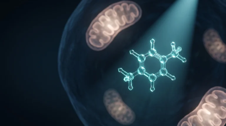 Una molécula de nicotinamida ribósido representada como una estructura cristalina azulada dentro de una célula con mitocondrias al fondo, bajo una luz analítica.