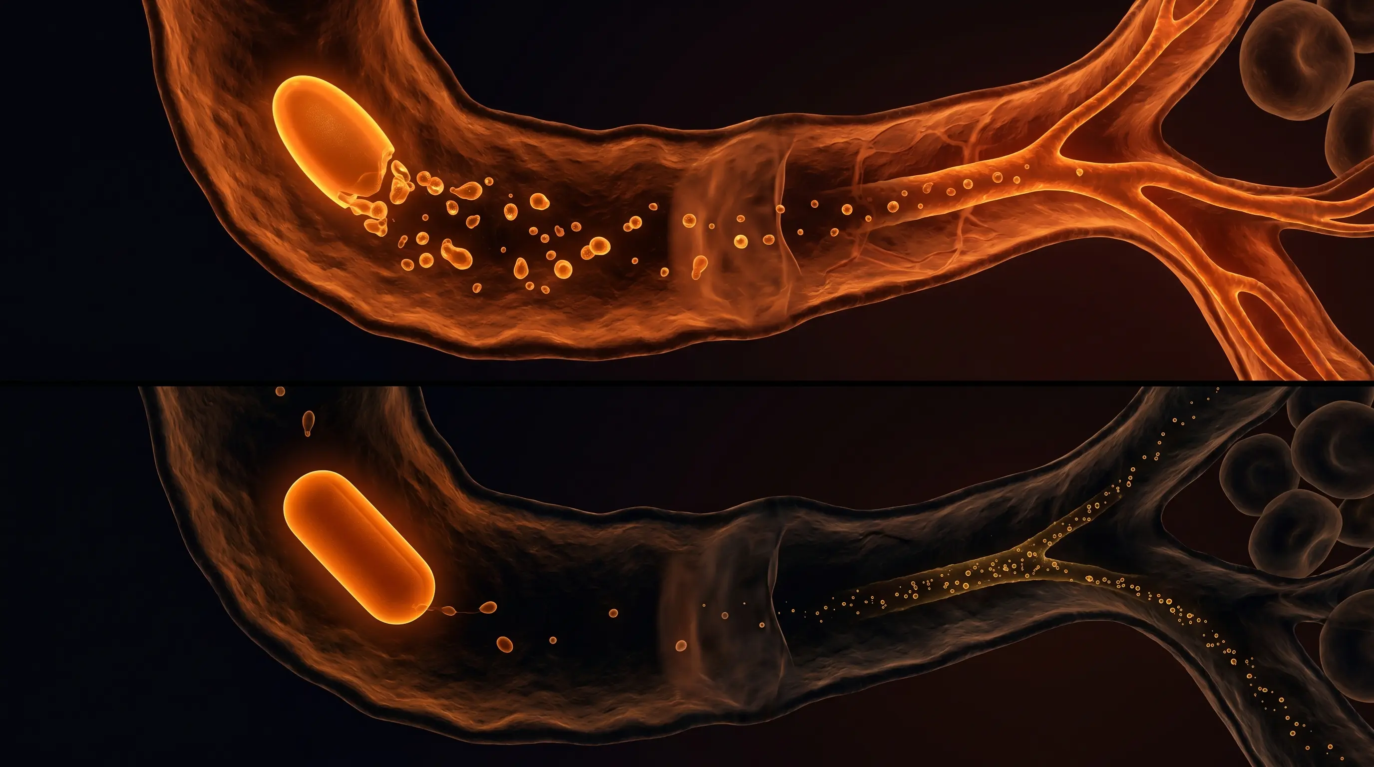 Dos cápsulas de aceite de pescado en el tracto digestivo: la forma triglicérido se rompe y se absorbe en gotas; la forma éster etílico se resiste y se absorbe menos.