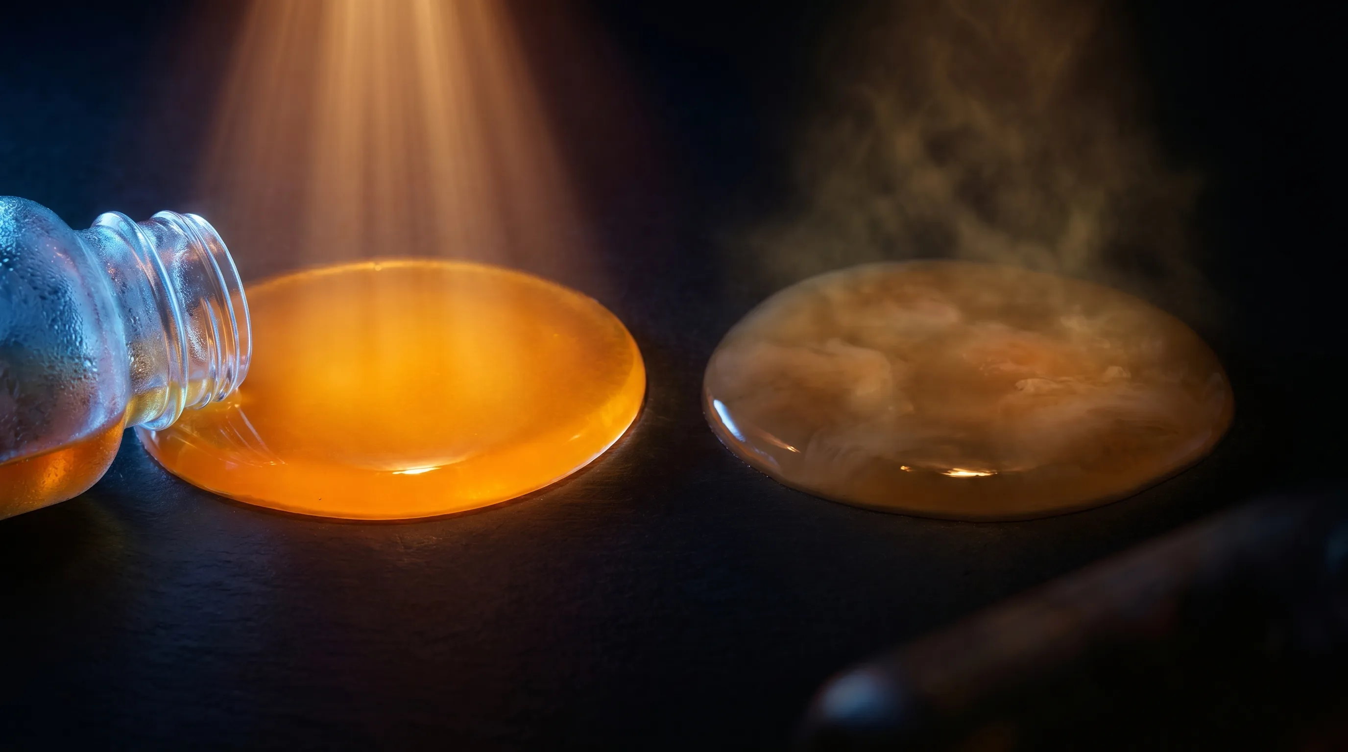 Dos charcos de aceite de pescado: uno fresco y dorado, otro oxidado y turbio, con una botella en frío, ilustrando que el aceite rancio es proinflamatorio.