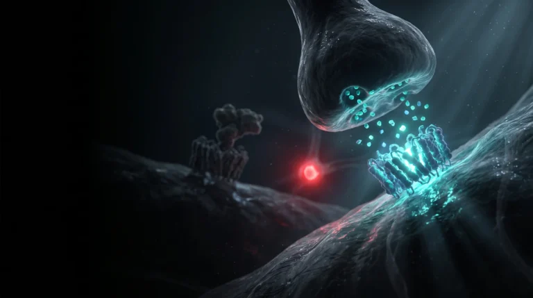 Ilustración de una sinapsis liberando orexina hacia su receptor, con un segundo receptor bloqueado al fondo, sobre fondo oscuro.