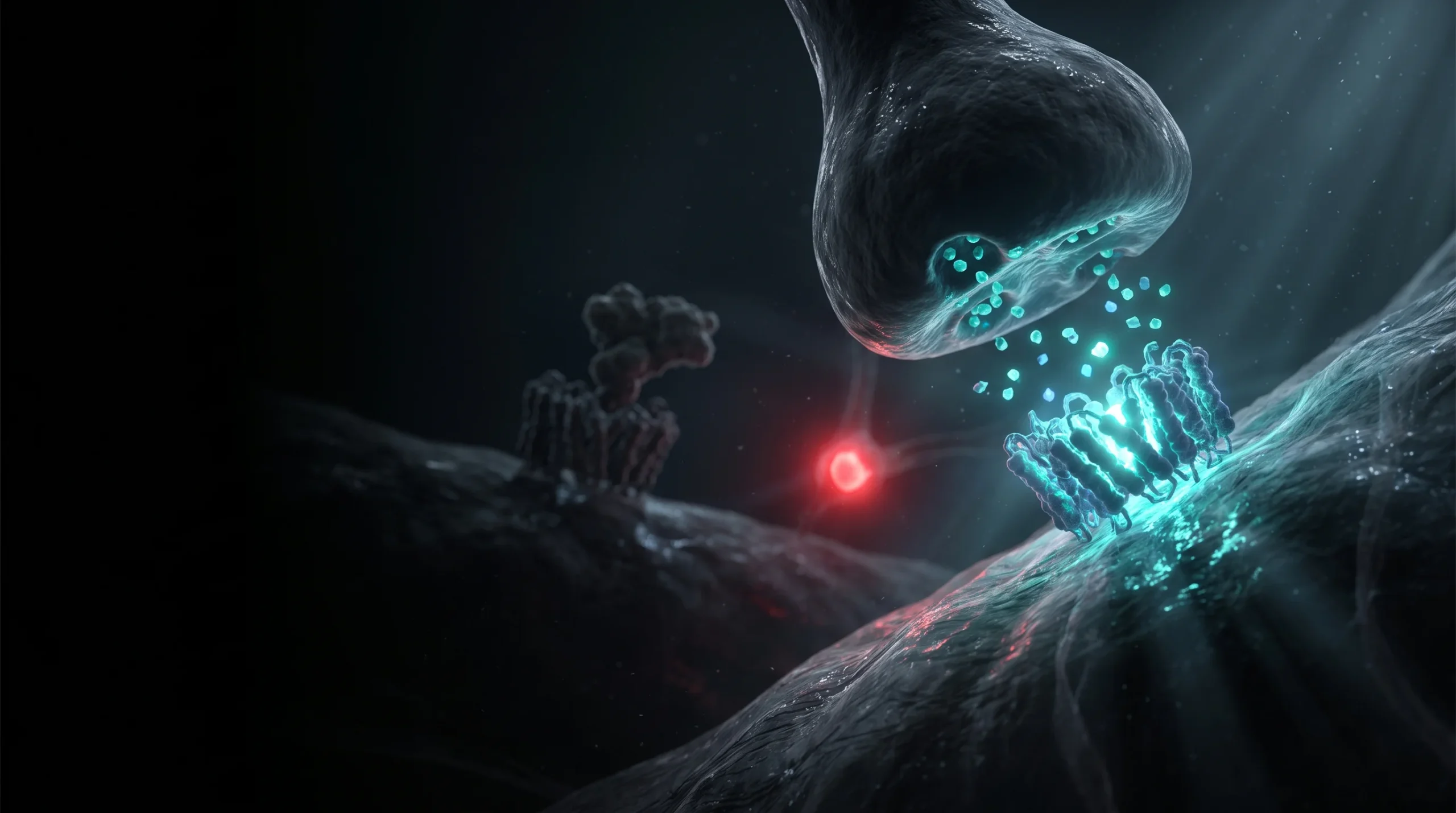 Ilustración de una sinapsis liberando orexina hacia su receptor, con un segundo receptor bloqueado al fondo, sobre fondo oscuro.