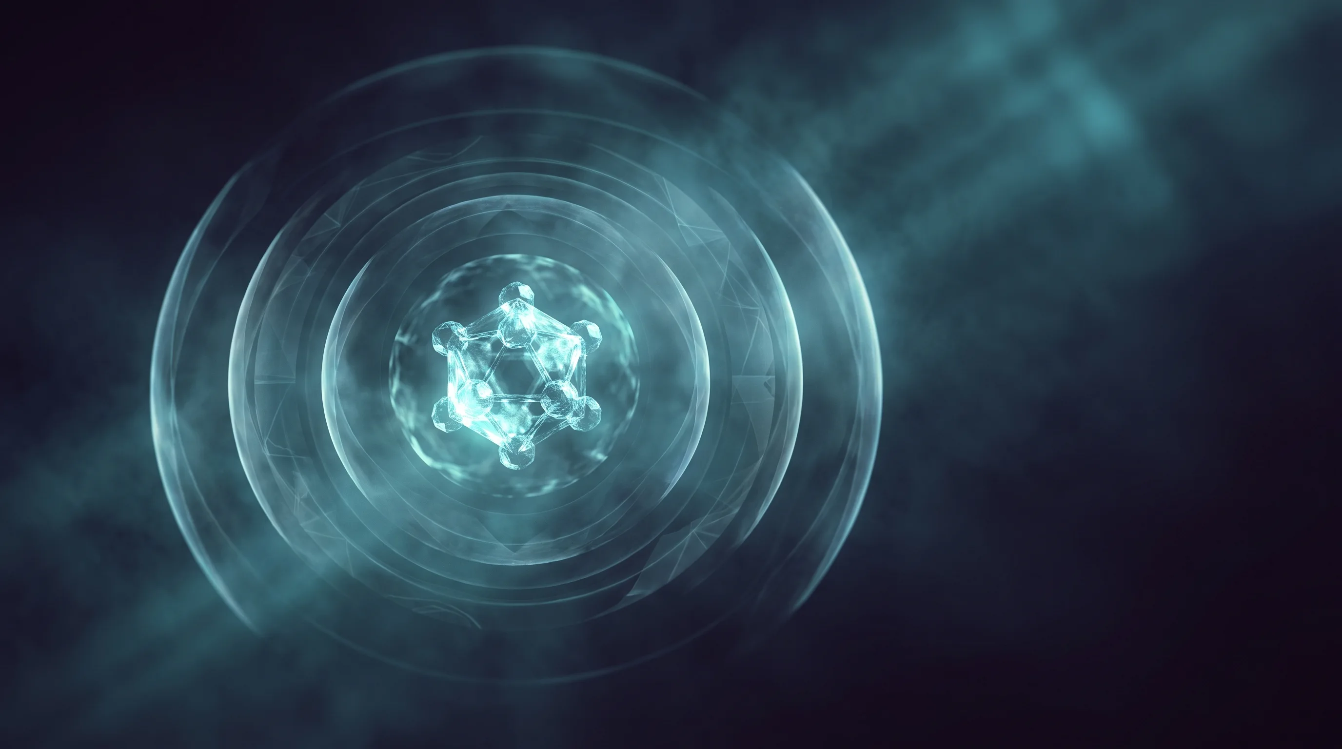 Molécula central rodeada de capas concéntricas de luz que se extienden hacia fuera, que ilustra el patent thicket de patentes apiladas alrededor de una sola invención.