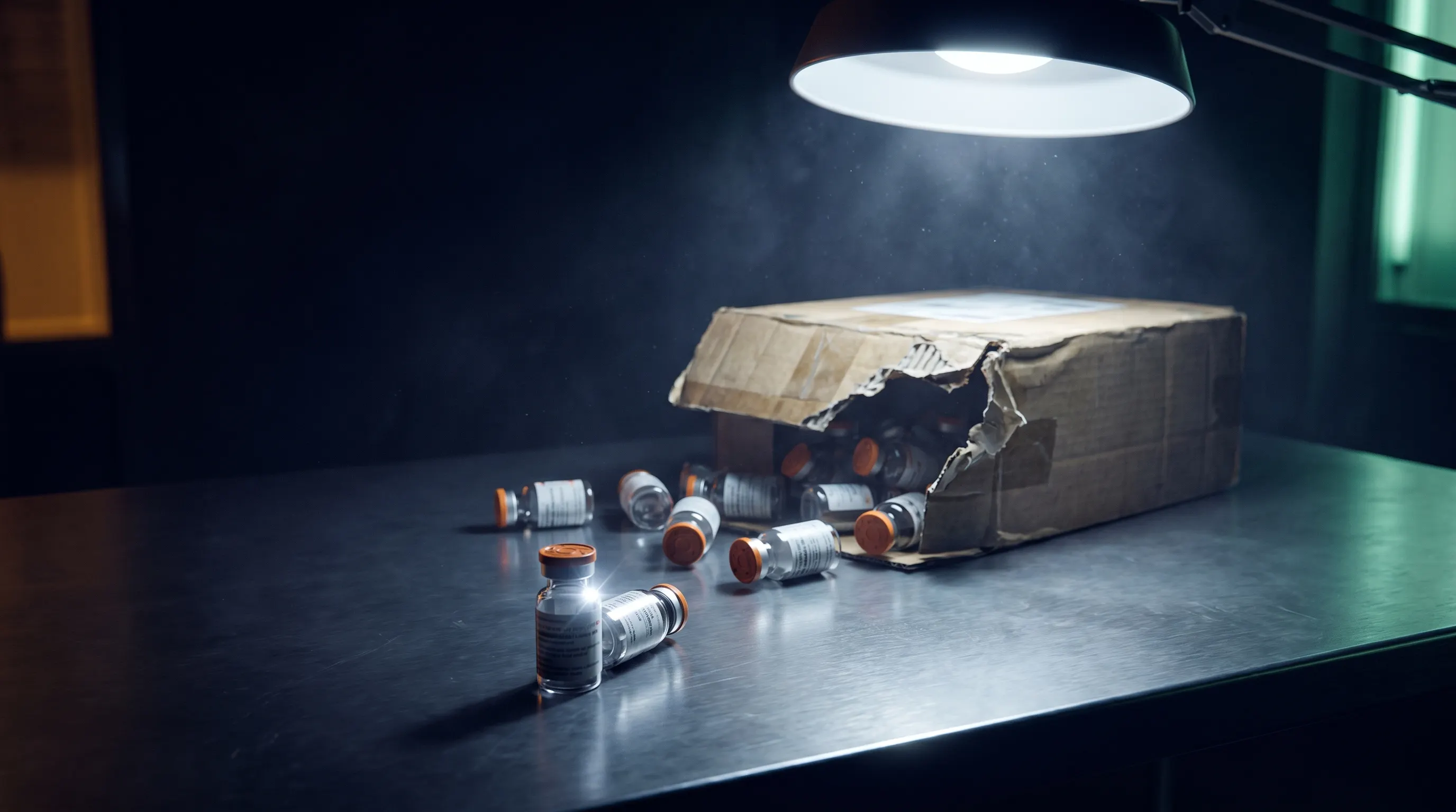 Viales de péptidos de investigación derramados sobre una mesa de inspección aduanera bajo luz intensa, con atmósfera regulatoria en ámbar y verde, que ilustra el riesgo de importar péptidos RUO para uso humano en España.