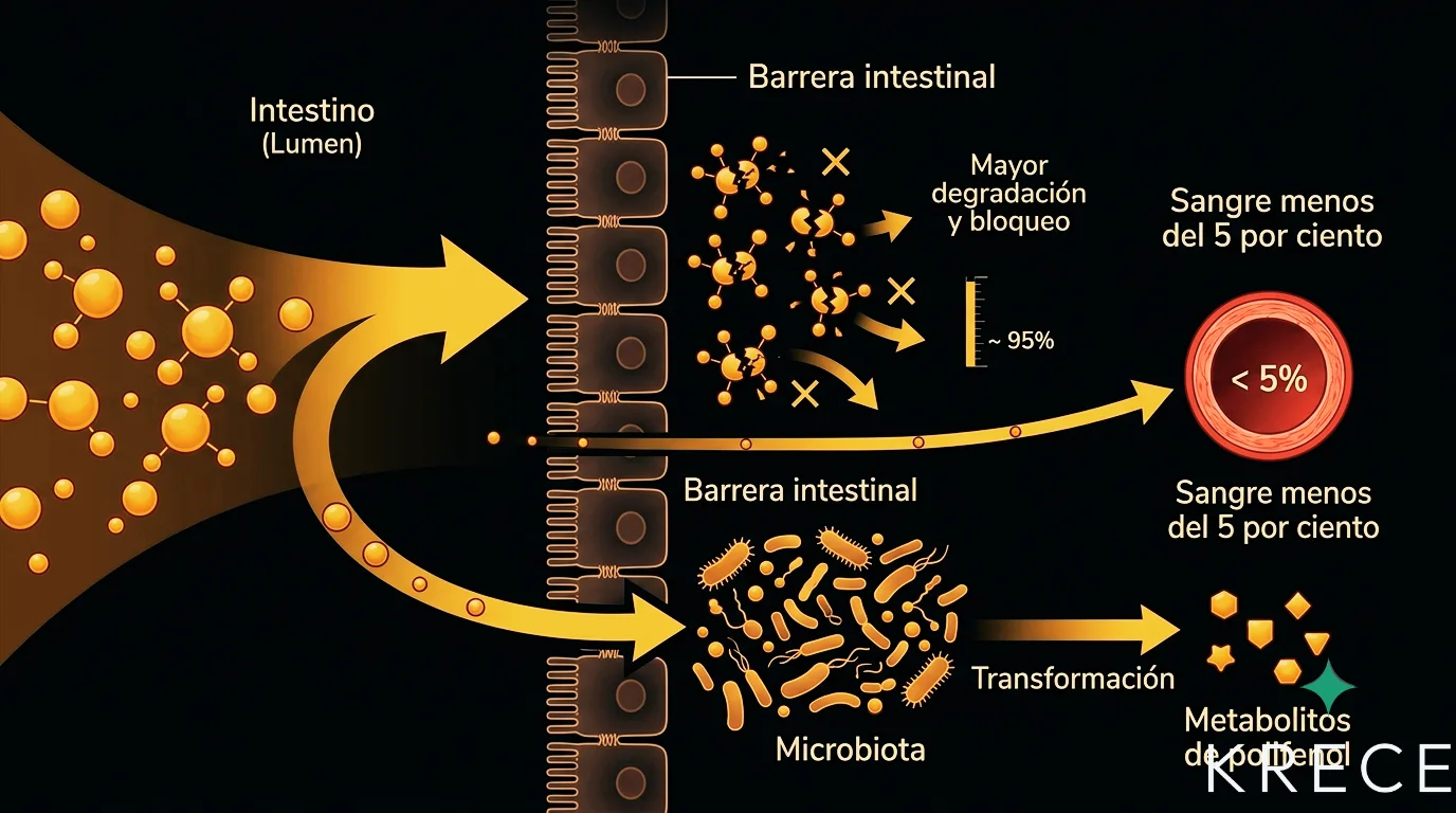 Diagrama de la biodisponibilidad de los polifenoles: la mayoría se degrada en la barrera intestinal y solo una fracción mínima llega a la sangre, mientras la microbiota transforma parte en metabolitos.