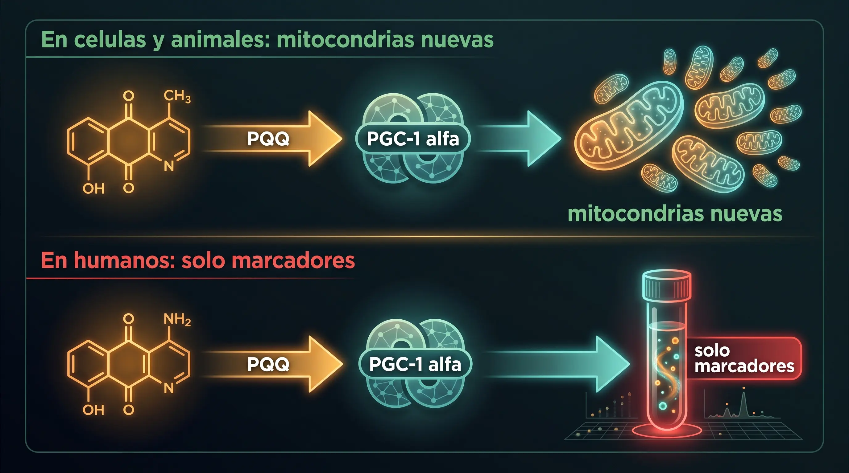 Diagrama del PQQ: activa PGC-1 alfa y fabrica mitocondrias en células y animales, pero en humanos solo cambian marcadores.