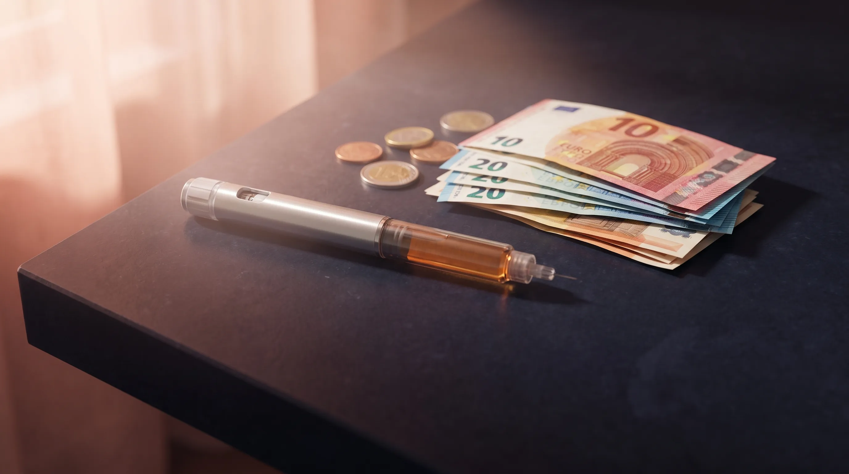 Pluma de semaglutida para adelgazar sobre un mostrador de farmacia junto a billetes de euro, que ilustra el coste del tratamiento en España en 2026.