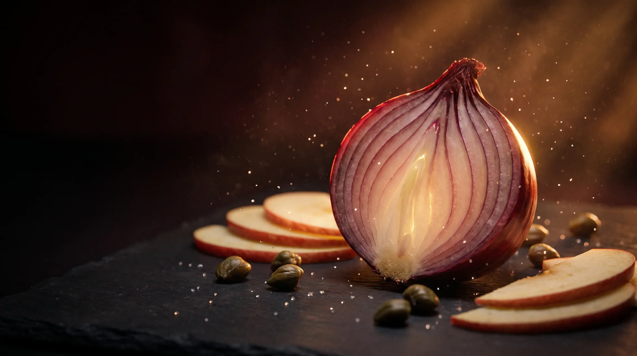 Cebolla roja en rodajas con manzanas y alcaparras sobre pizarra oscura, con un brillo dorado que sugiere el flavonol quercetina.