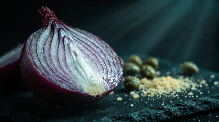 Media cebolla roja con alcaparras detrás, dos de los alimentos con más quercetina, con una gota escarlata en uno de sus anillos.