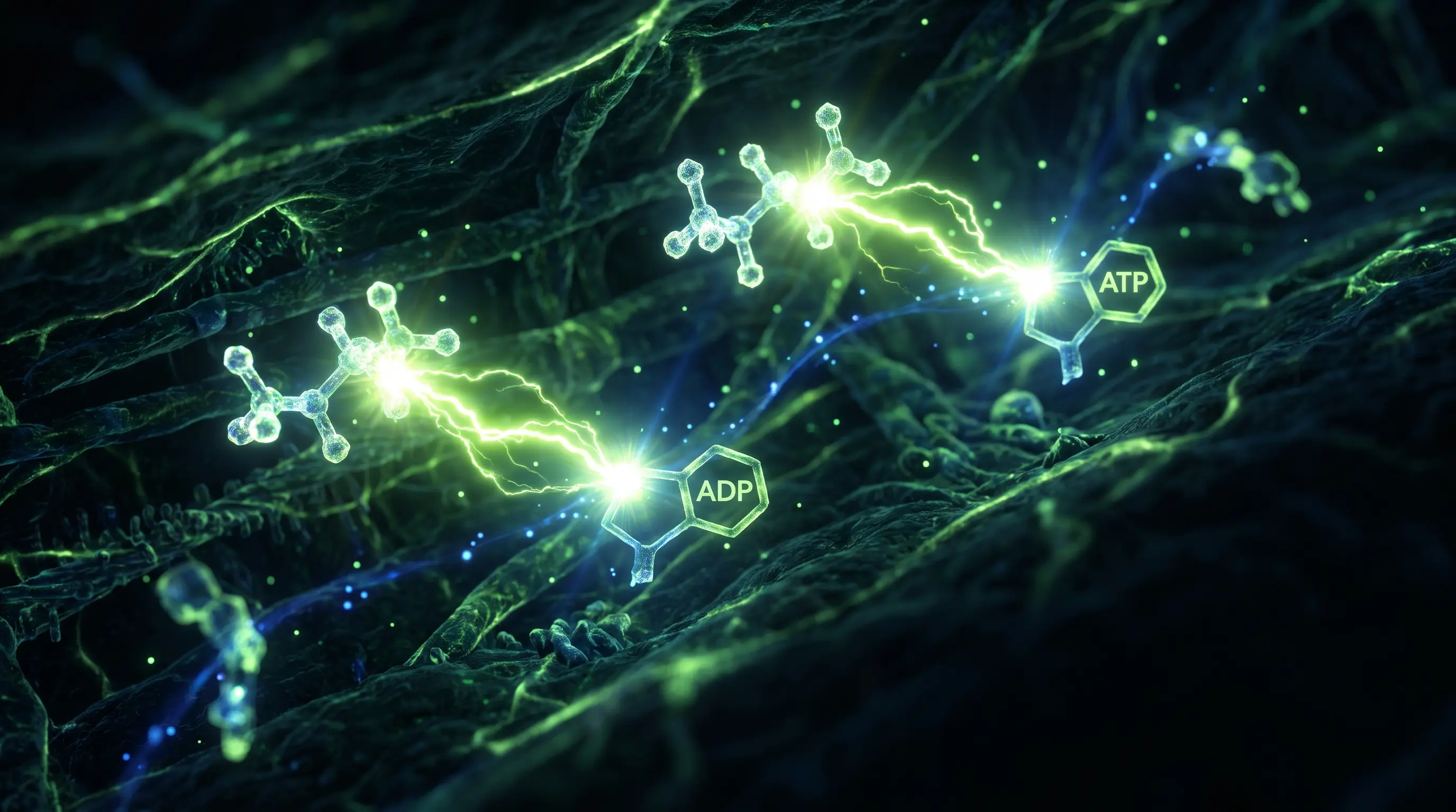 Visualizaci&oacute;n de mol&eacute;culas de fosfocreatina recargando ATP dentro de una c&eacute;lula muscular, que representa c&oacute;mo act&uacute;a la creatina.