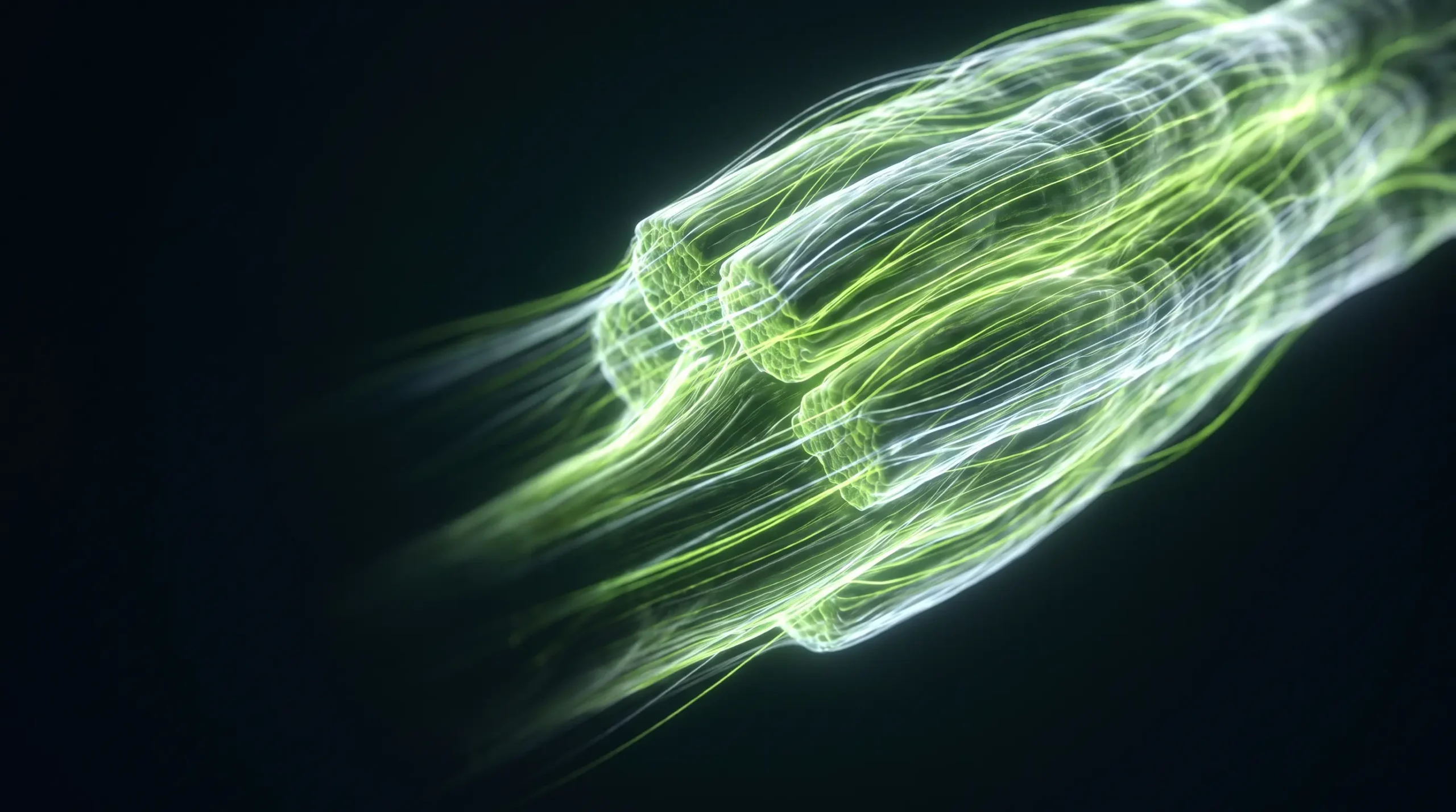 Visualización editorial de un haz de fibras musculares iluminado por la energía del sistema ATP durante un esfuerzo de fuerza.