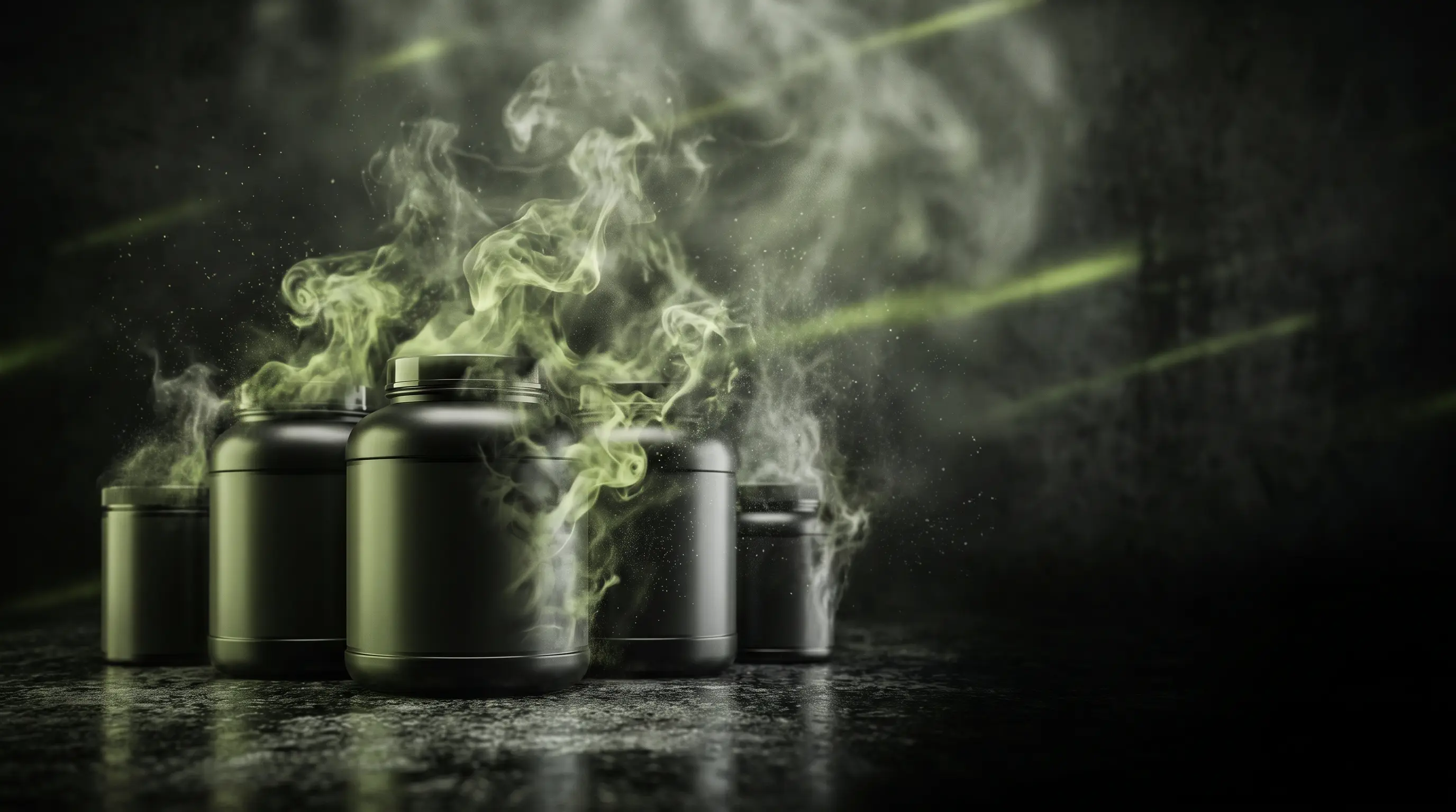 Visualizaci&oacute;n conceptual de botes de suplementos de gimnasio deshaci&eacute;ndose en humo, que representa las promesas vac&iacute;as de los productos sin evidencia.
