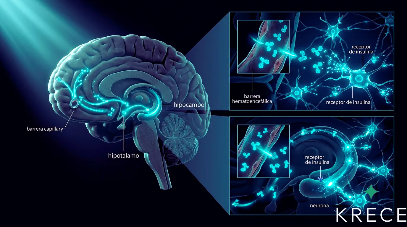 Corte sagital de cerebro humano con moléculas de insulina cruzando la barrera hematoencefálica y uniéndose a receptores en hipotálamo e hipocampo.