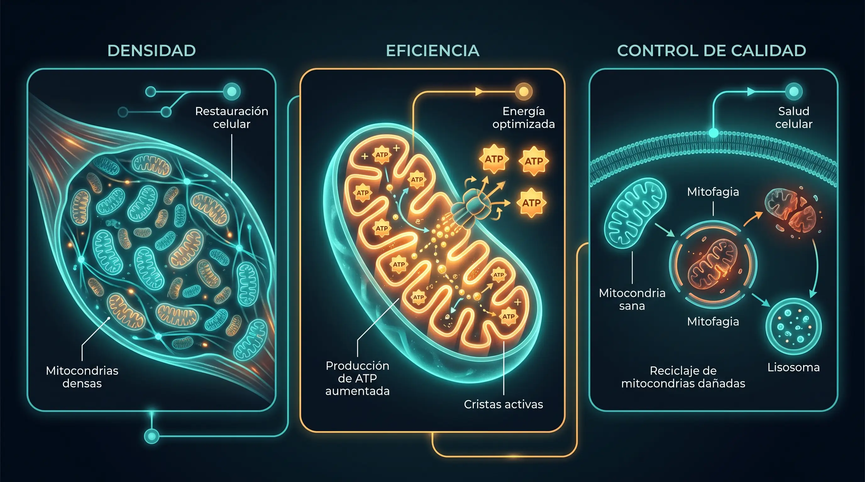 Diagrama de las tres dimensiones de la funci&oacute;n mitocondrial: densidad (muchas mitocondrias por c&eacute;lula), eficiencia (m&aacute;s ATP por unidad) y control de calidad (mitofagia que recicla las da&ntilde;adas).