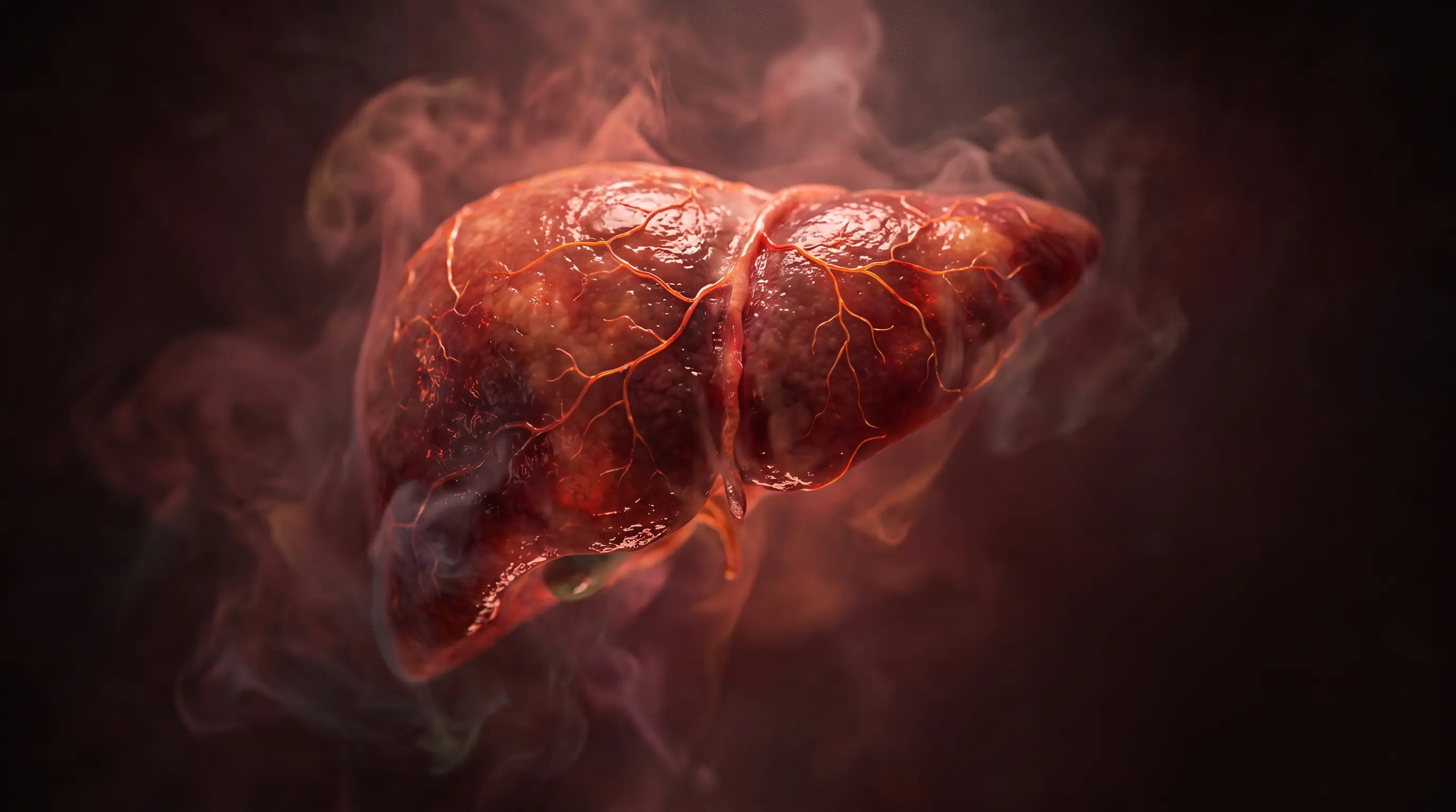 Visualizaci&oacute;n editorial de un h&iacute;gado humano con la superficie inflamada y los vasos marcados, que representa el da&ntilde;o hep&aacute;tico agudo asociado a productos no aprobados etiquetados como retatrutida.