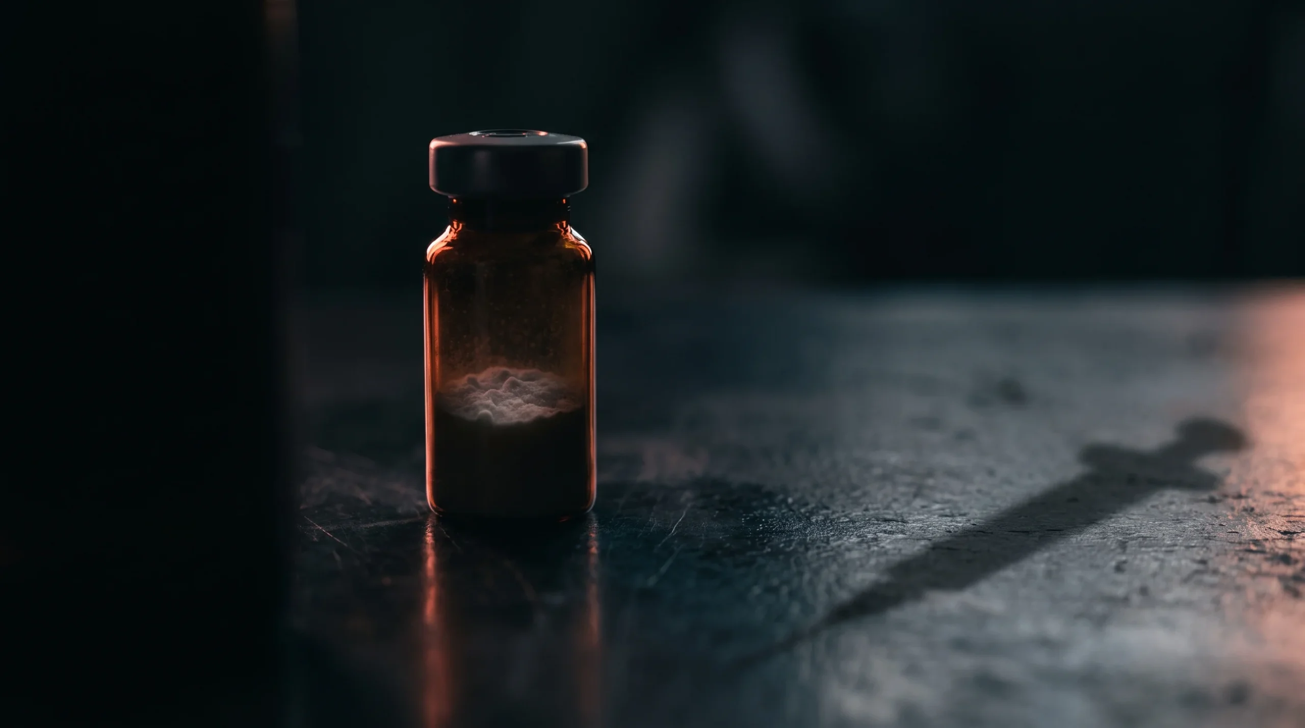 Vial de vidrio sin etiqueta con polvo de péptido liofilizado sobre una superficie oscura, con la sombra de una jeringuilla, que representa la retatrutida del mercado gris de origen desconocido.