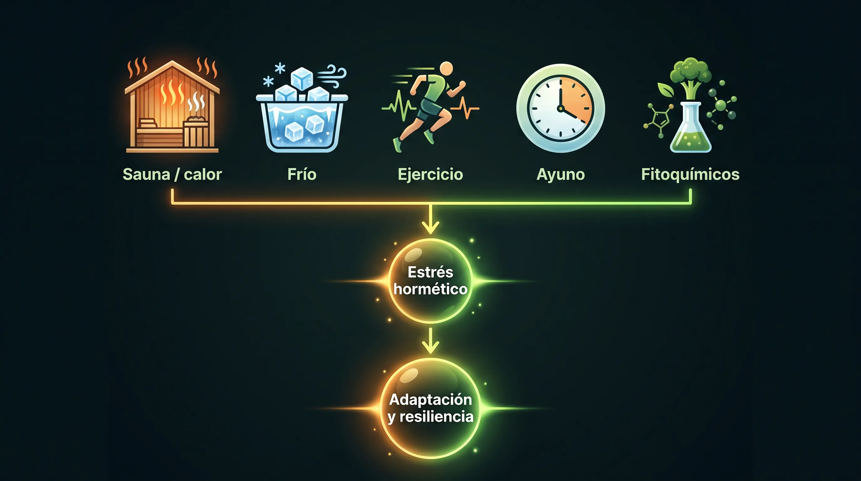 Diagrama de estresores horméticos, sauna, frío, ejercicio, ayuno y fitoquímicos, que conducen a adaptación y resiliencia, con etiquetas.