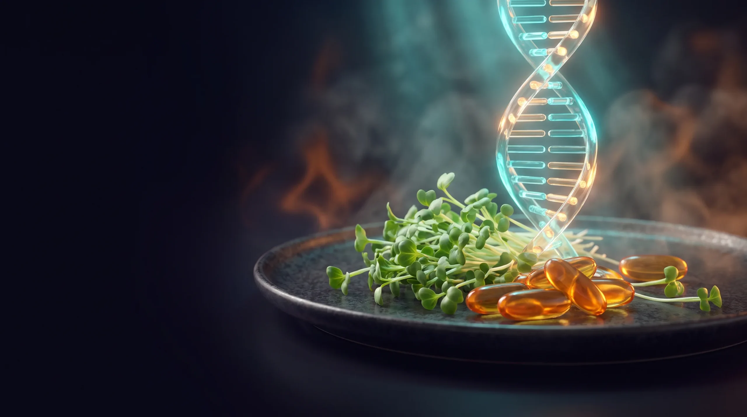 Brotes de brócoli, cápsulas de omega-3 y una hélice de ADN sobre fondo oscuro, una representación de la lente nutrición-genética que defiende Rhonda Patrick.