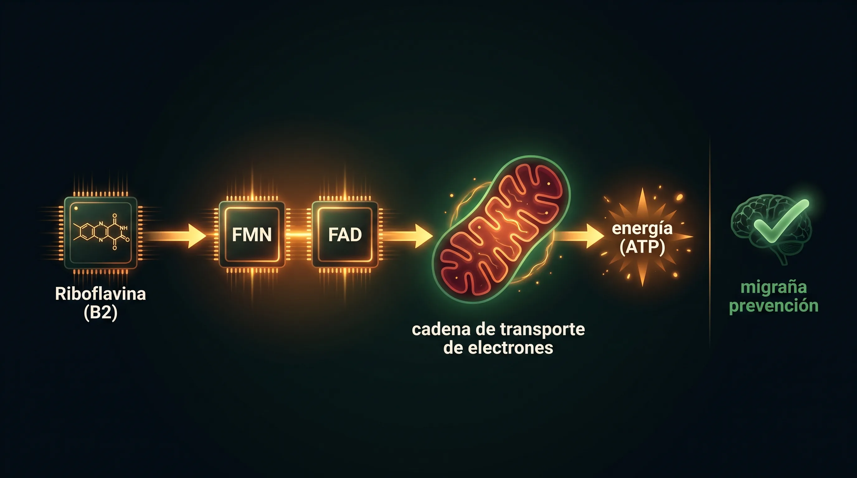 Diagrama de la ruta de la riboflavina a los coenzimas FMN y FAD, su entrada en la cadena de transporte de electrones de la mitocondria y su relación con la prevención de la migraña.