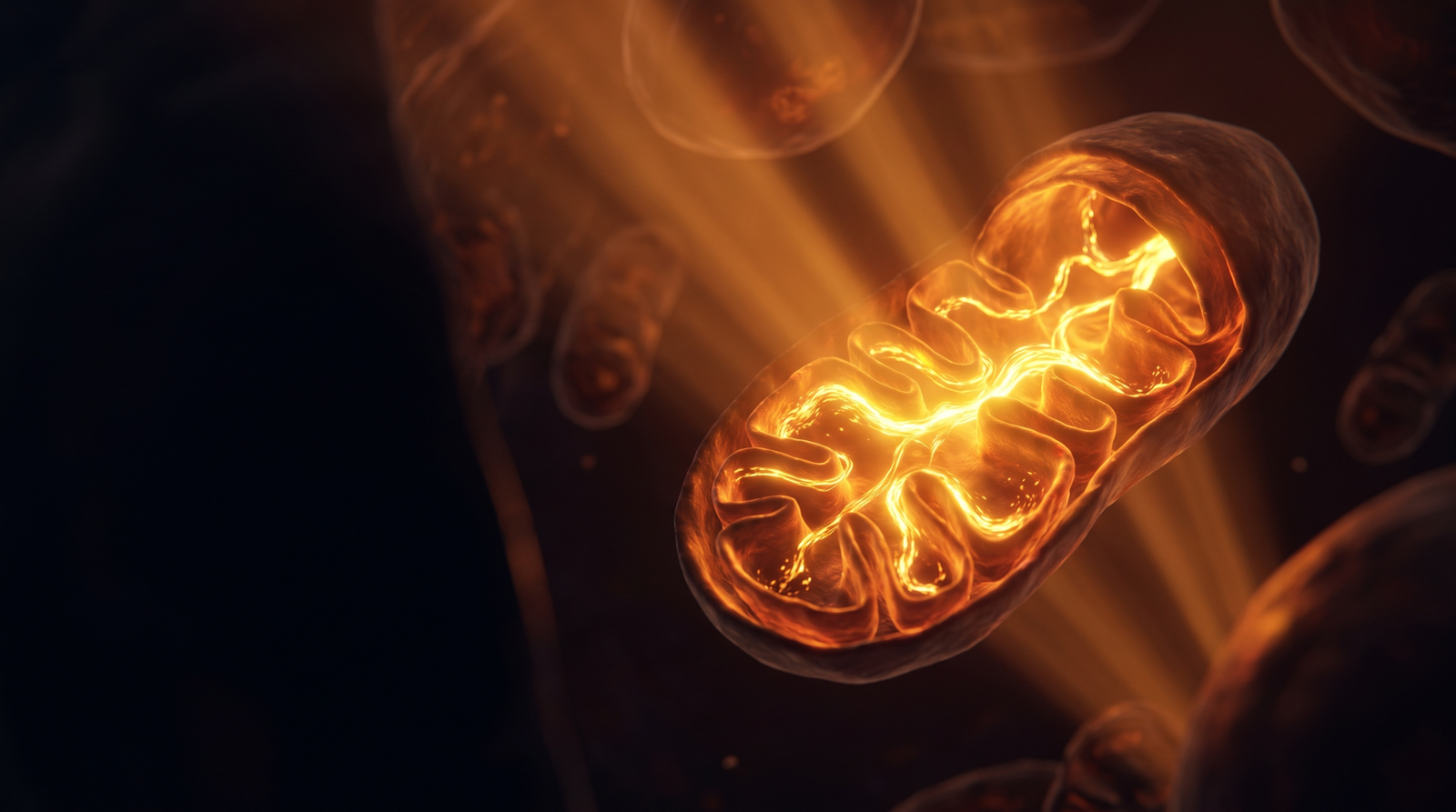 Mitocondrias doradas iluminadas con la cadena de transporte de electrones en el interior de una neurona, evocando la energía celular.