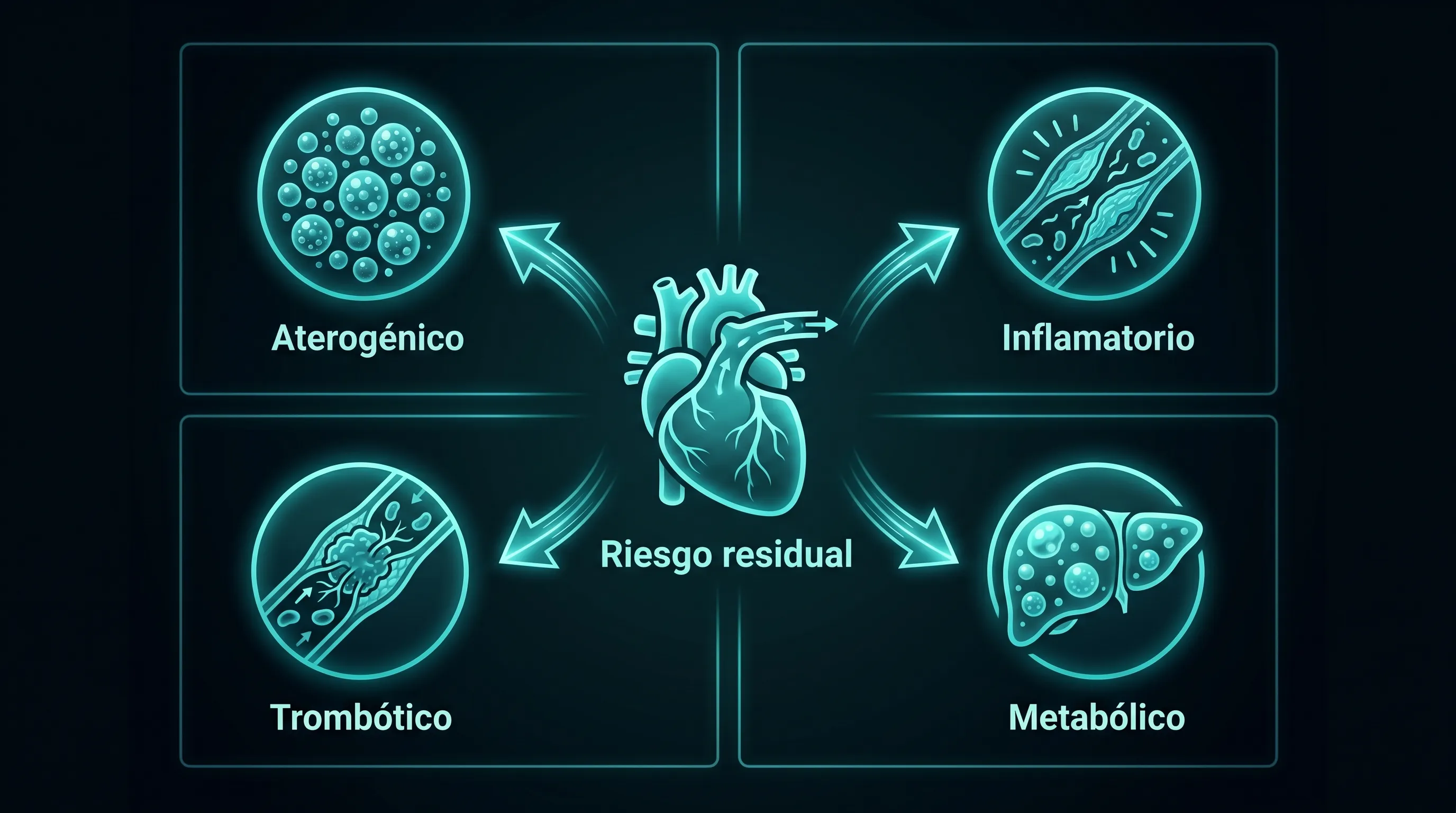 Diagrama de los cuatro componentes del riesgo cardiovascular residual: aterogénico, inflamatorio, trombótico y metabólico, que persisten cuando el LDL ya está en rango.