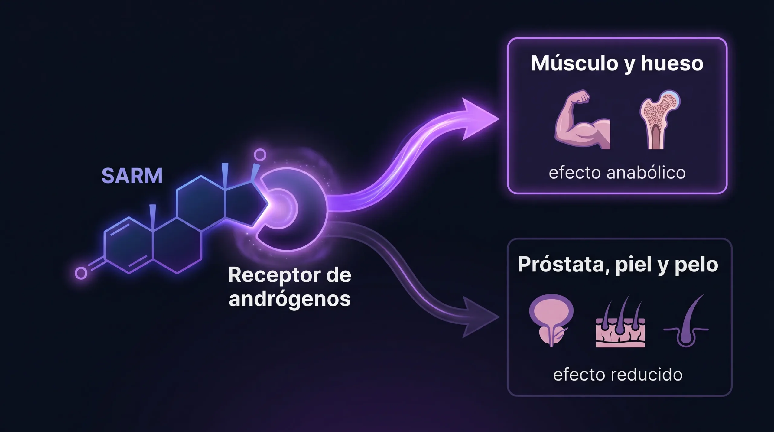 Diagrama del mecanismo de un SARM: la molécula se une al receptor de andrógenos y produce un efecto anabólico fuerte en músculo y hueso y reducido en próstata, piel y pelo.