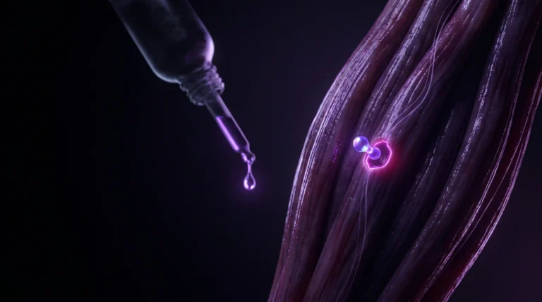 Una molécula violeta se une a un receptor en una fibra muscular junto a un gotero que libera una gota luminosa, sobre un fondo oscuro, representando la acción de un SARM.