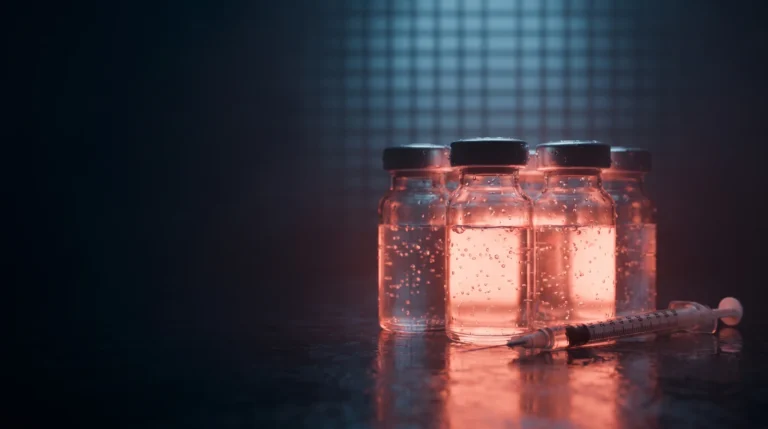 Un grupo de viales de solución peptídica con brillo coral y una jeringa fina sobre fondo oscuro con una rejilla de luz, que representa la clase de los secretagogos de hormona de crecimiento ante el marco legal.