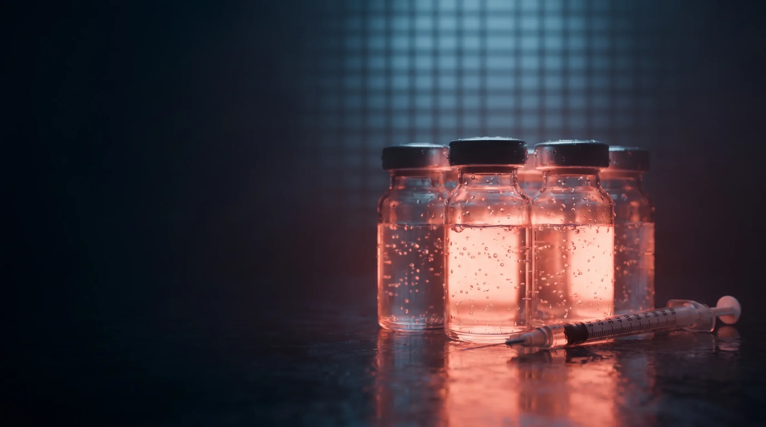 Un grupo de viales de solución peptídica con brillo coral y una jeringa fina sobre fondo oscuro con una rejilla de luz, que representa la clase de los secretagogos de hormona de crecimiento ante el marco legal.