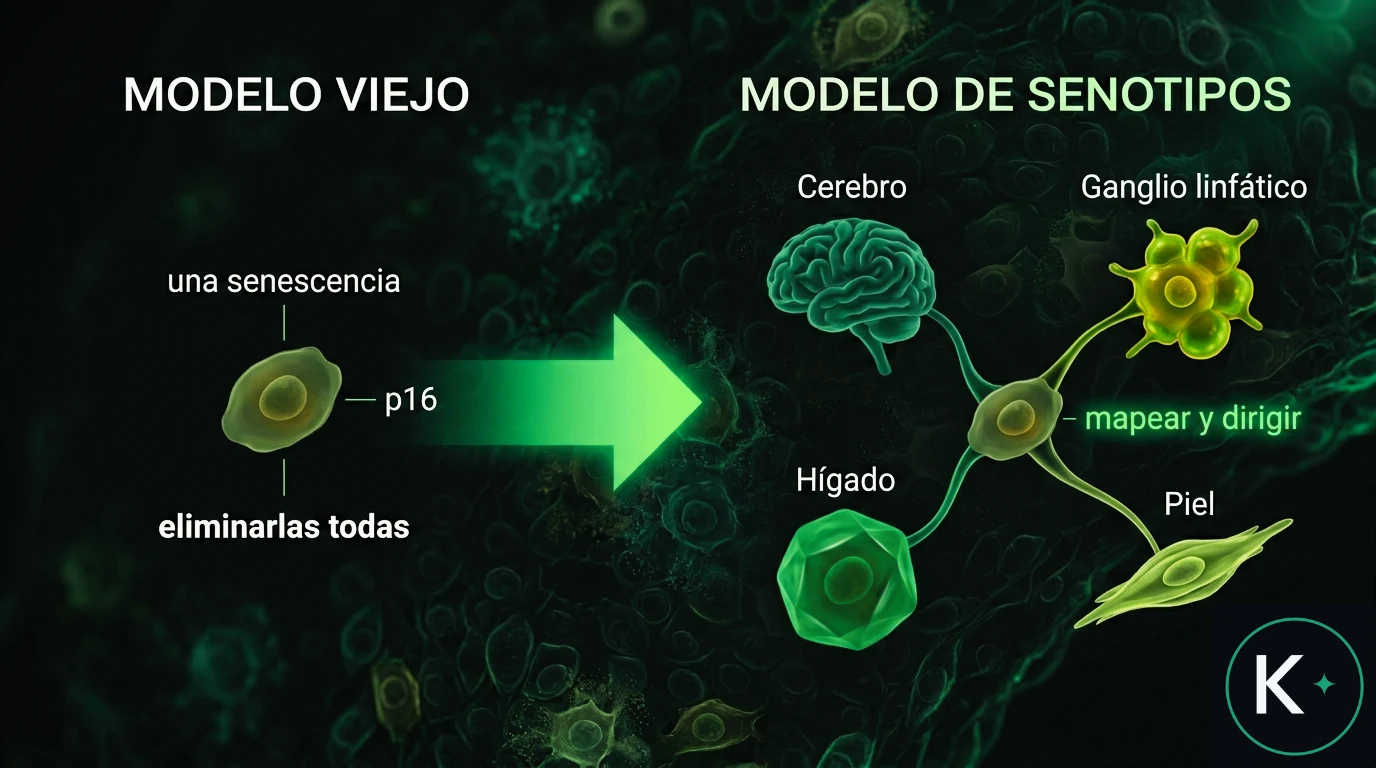 Diagrama que contrasta el modelo viejo de una senescencia uniforme con el modelo de senotipos, donde la senescencia se ramifica en estados distintos por tejido.