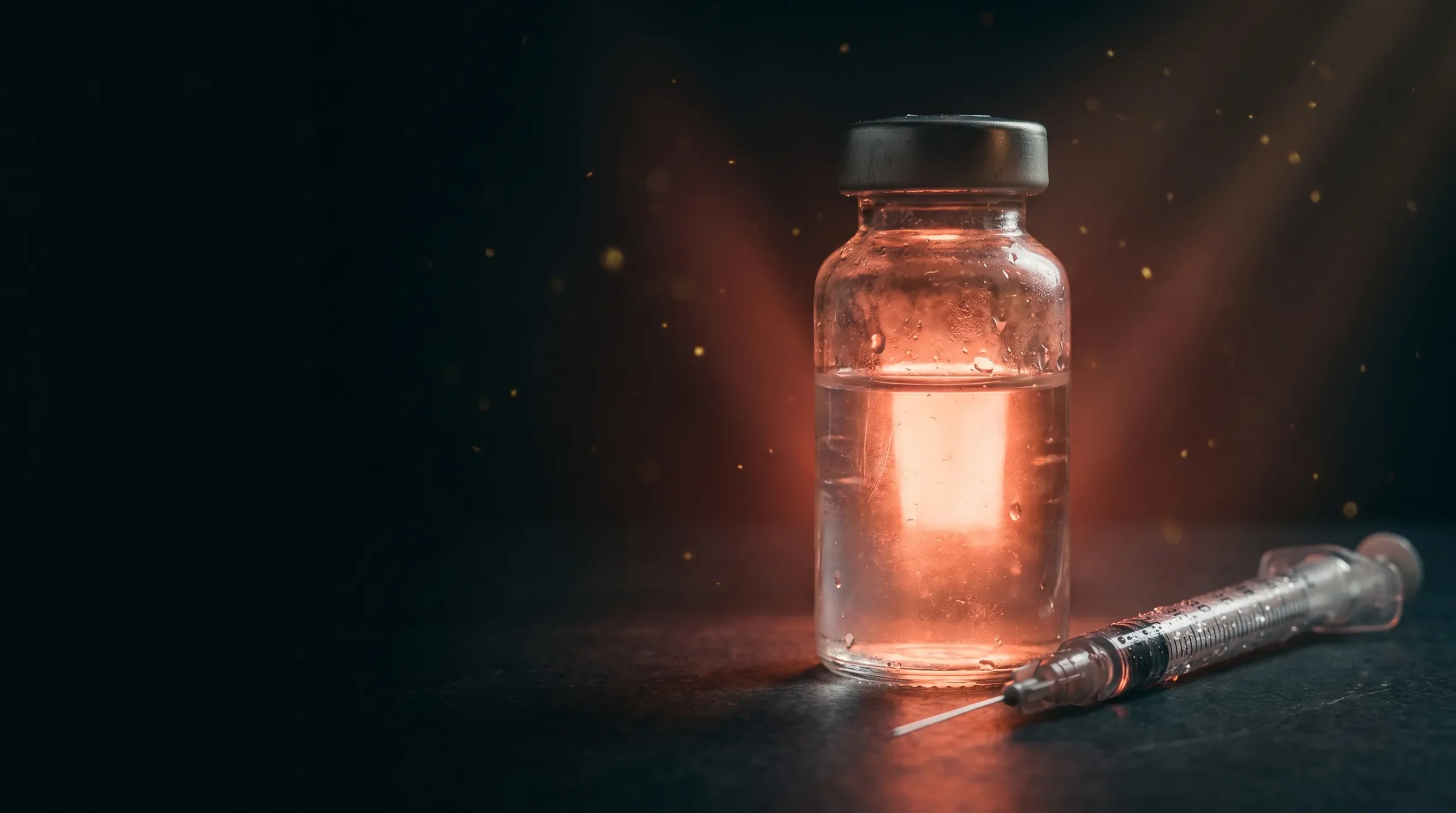Un vial de solución peptídica con brillo coral y aspecto algo envejecido junto a una jeringa fina sobre fondo oscuro, que evoca la antigua aprobación de la sermorelina ya retirada.