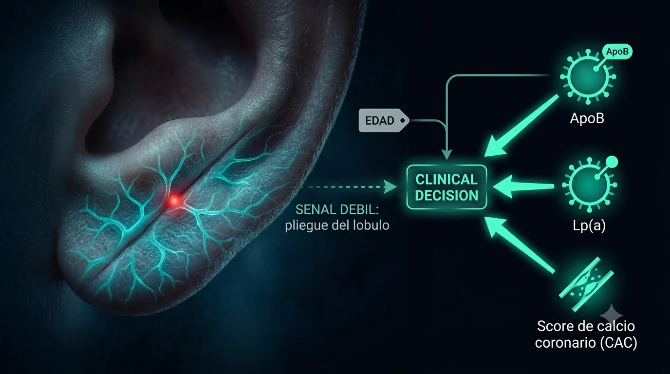 Diagrama que contrasta el signo de Frank como se&ntilde;al d&eacute;bil, confundida por la edad, frente a las dianas que s&iacute; ordenan la prevenci&oacute;n cardiovascular: ApoB, Lp(a) y score de calcio coronario.
