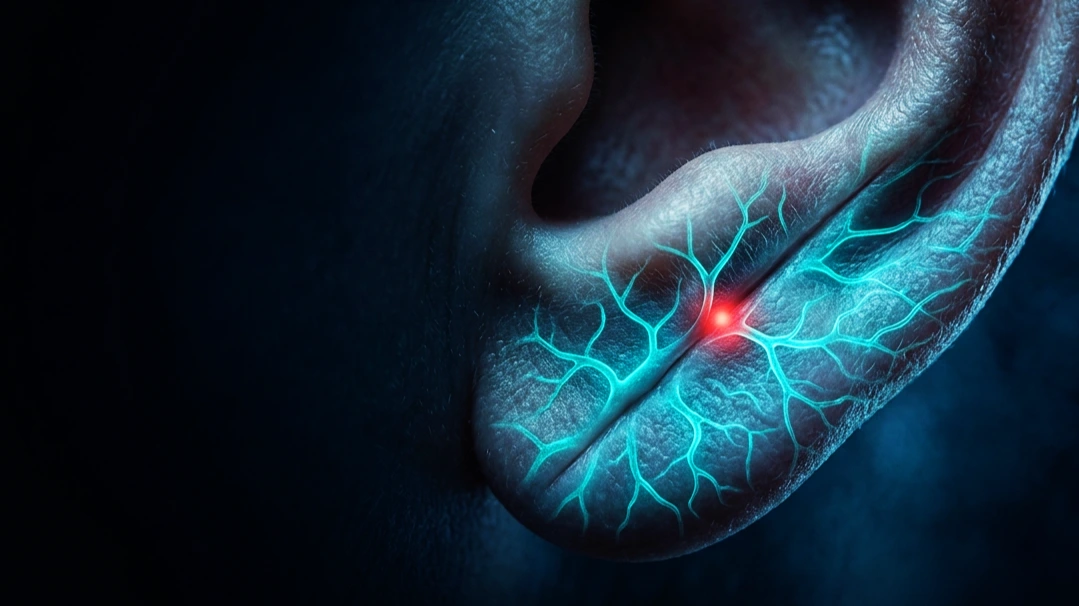 Macro de un lóbulo de oreja con un pliegue diagonal y una red de microarterias iluminada bajo la piel, metáfora de la relación entre el signo de Frank y la enfermedad coronaria.