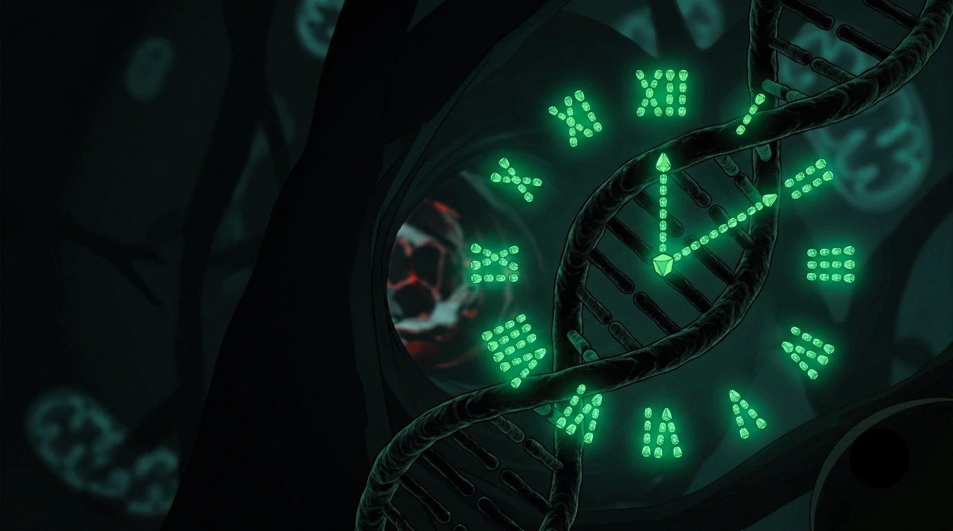 Doble hélice de ADN con marcas de metilación luminosas que forman la esfera de un reloj, sobre fondo oscuro, en verde esmeralda.