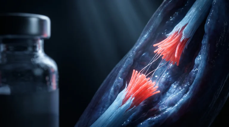 Vial peptídico de TB-500 junto a filamentos de actina y una fibra de tendón reparándose en rojo coral sobre fondo índigo, símbolo del estatus regulatorio del TB-500 en España.