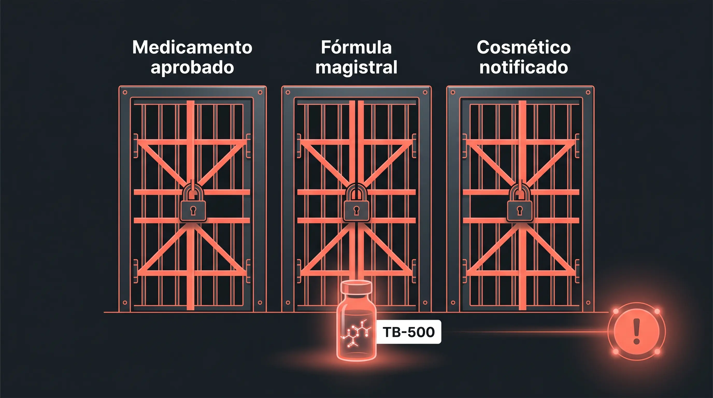 Diagrama de las tres vías legales para un péptido en España (medicamento, fórmula magistral y cosmético) mostradas como puertas cerradas para el TB-500.