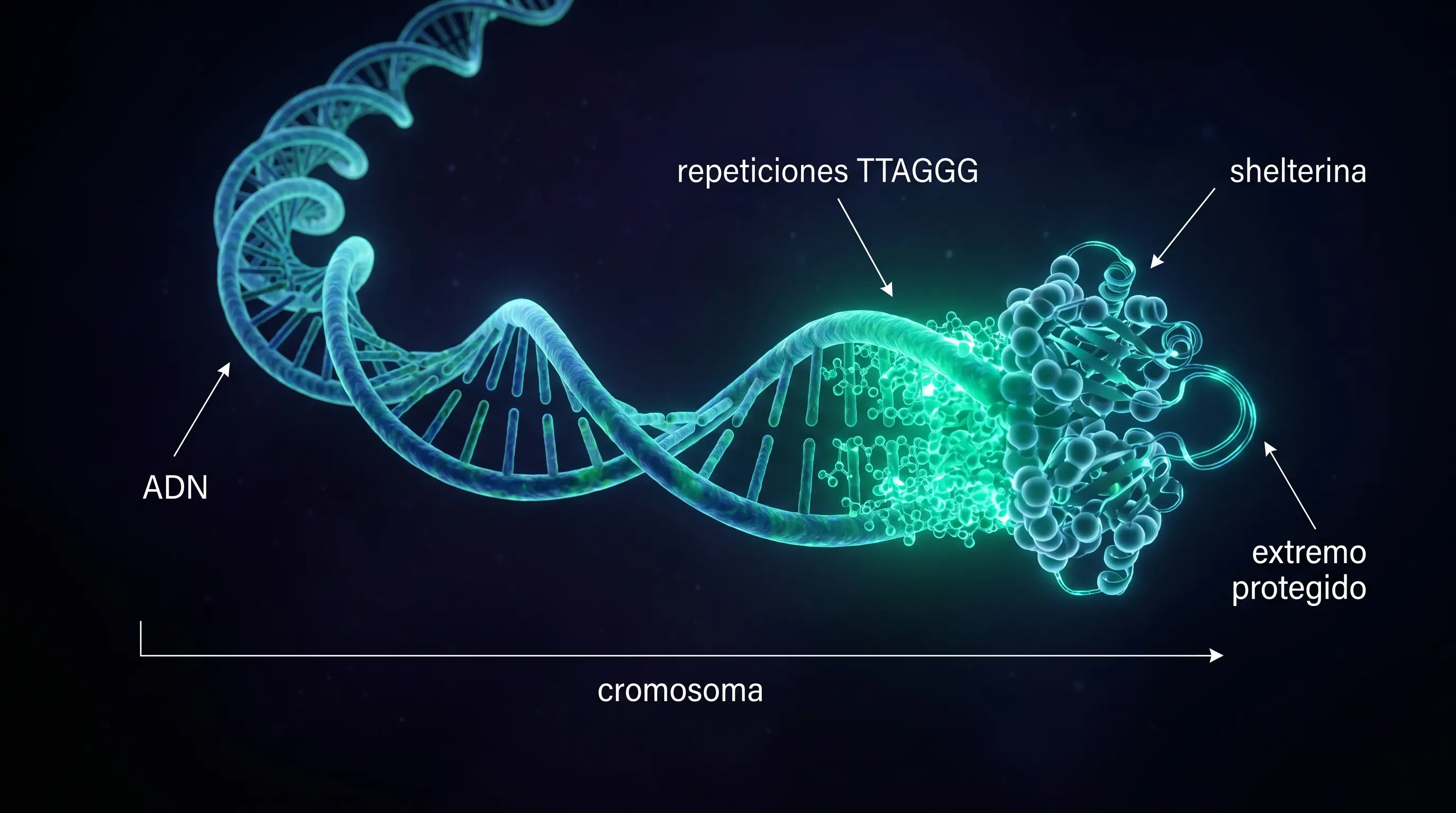 Diagrama del extremo de un cromosoma con las repeticiones TTAGGG del tel&oacute;mero recubiertas por el complejo de prote&iacute;nas shelterina que protege el extremo.