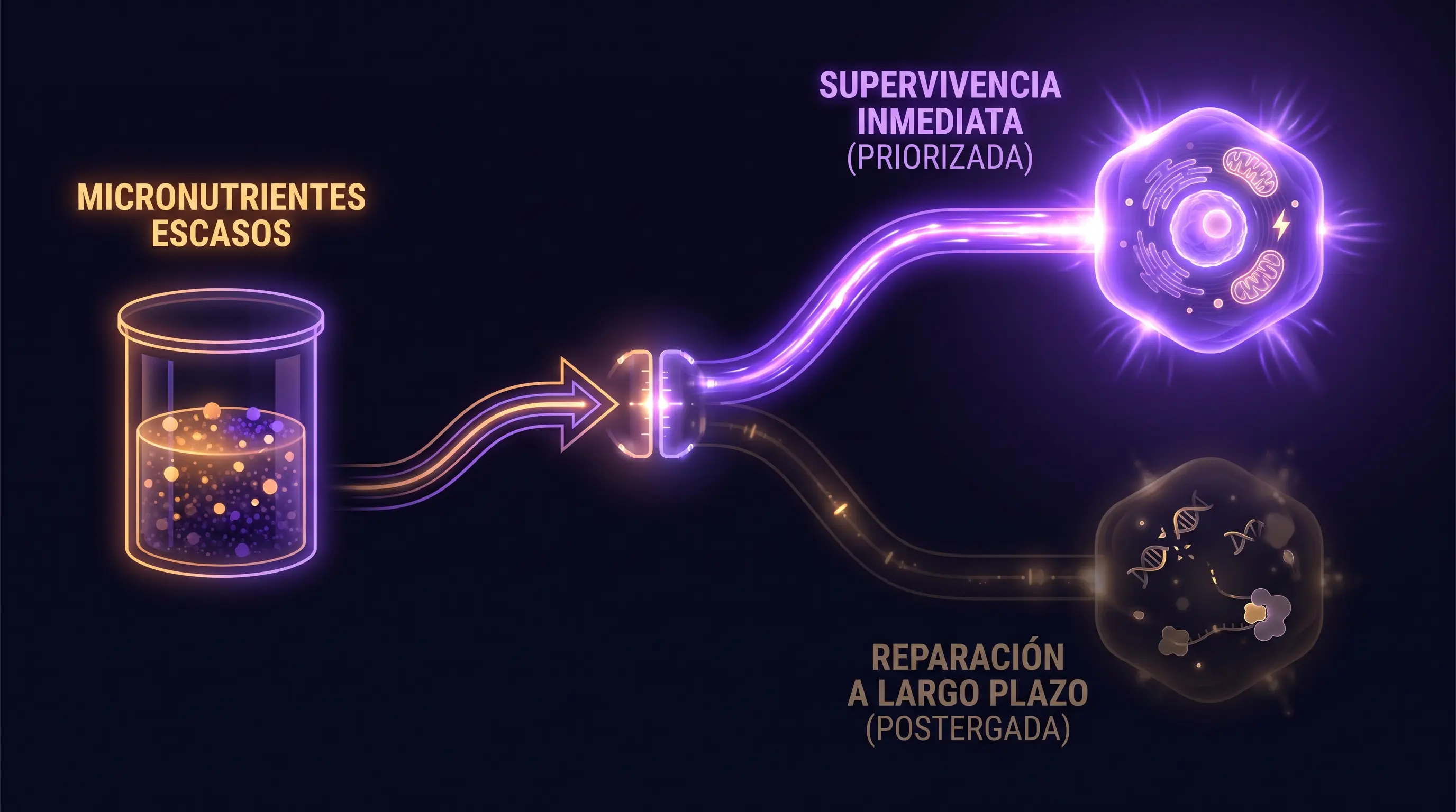 Diagrama de asignación de micronutrientes escasos hacia supervivencia inmediata priorizada y reparación a largo plazo postergada, con etiquetas.