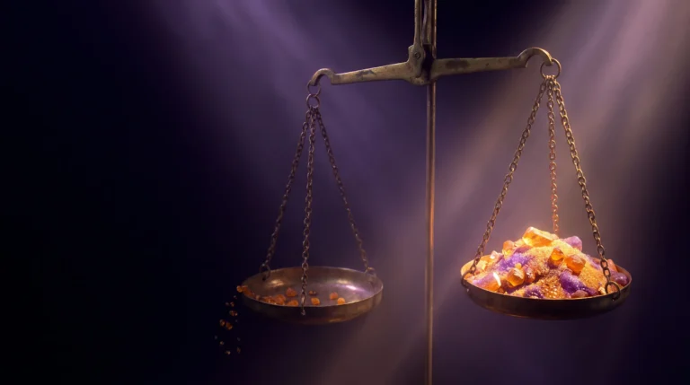 Balanza que asigna micronutrientes escasos a un lado iluminado y deja el otro a oscuras, una representación de la teoría del triaje.