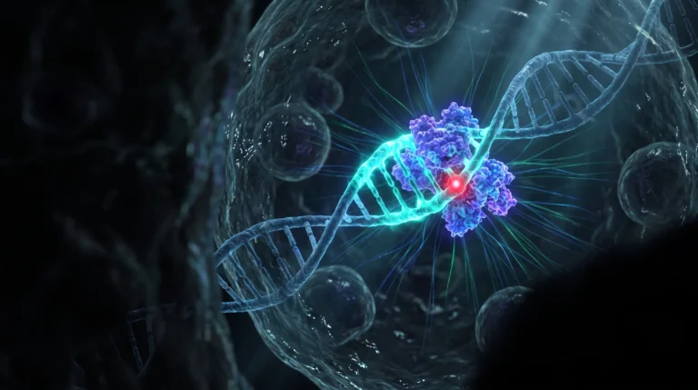 Ilustración molecular de la terapia génica, con factores de transcripción uniéndose a una secuencia reguladora del ADN que enciende un gen dentro de la célula.