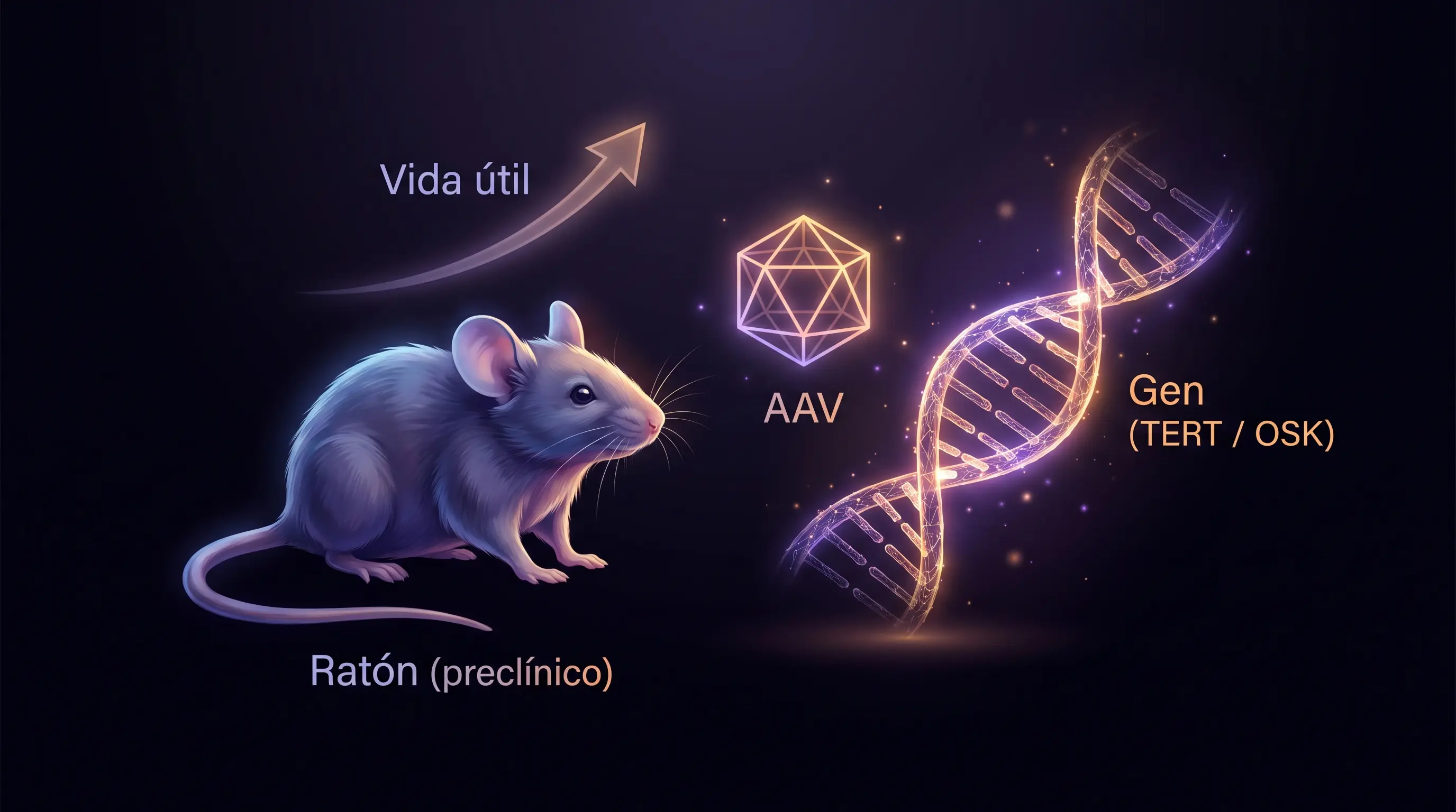 Ratón de laboratorio junto a una hélice de ADN y una cápside AAV con etiquetas, que ilustra que la terapia génica de longevidad sigue en fase preclínica.