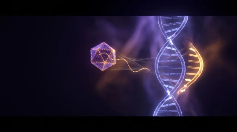 Cápside de virus adenoasociado llevando una hebra de código genético hacia una doble hélice de ADN sobre fondo oscuro, una representación de la terapia génica.