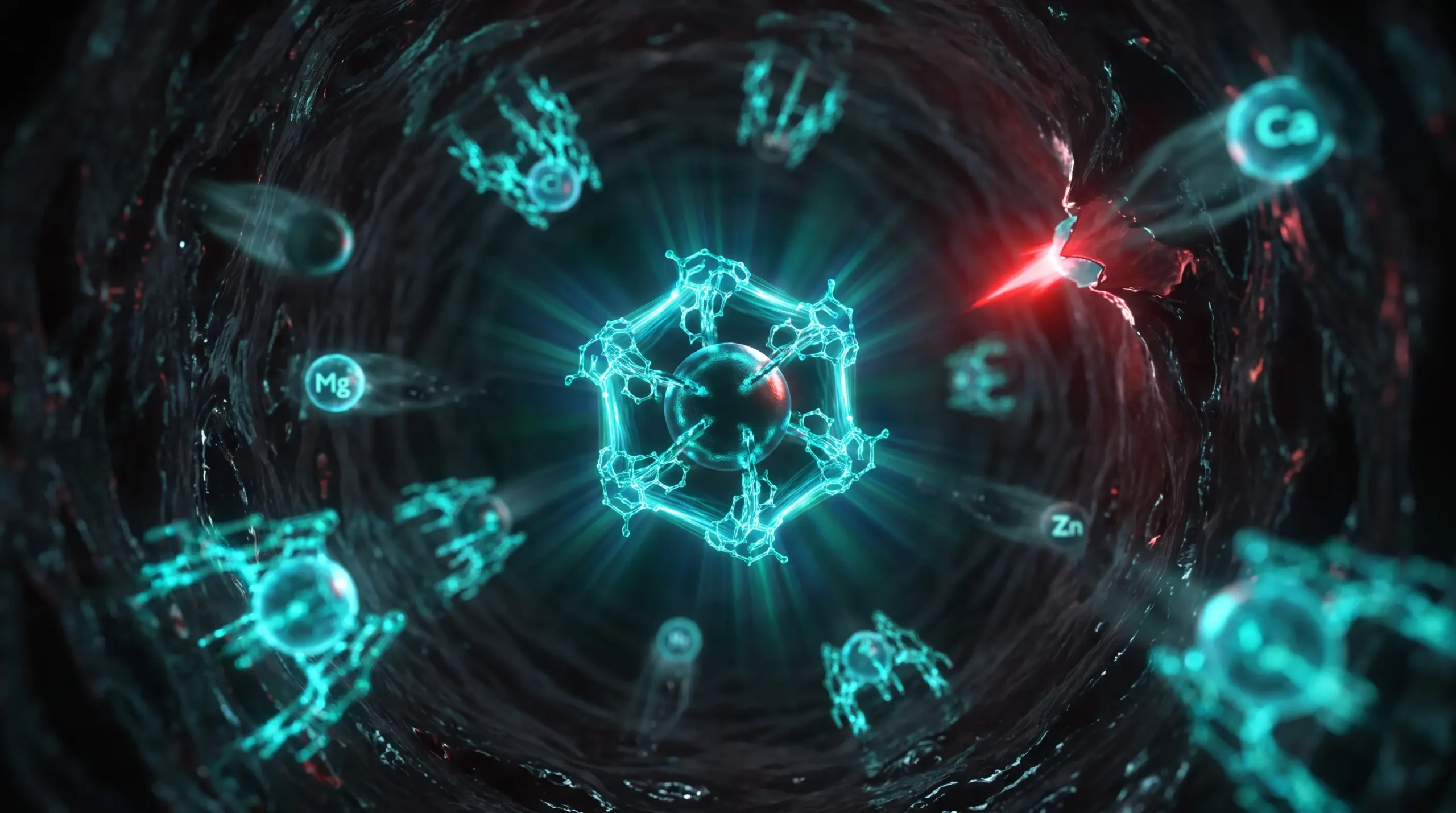 Ilustración molecular de la terapia de quelación con EDTA, con la pinza del quelante atrapando a la vez un metal tóxico y un ion de calcio esencial.