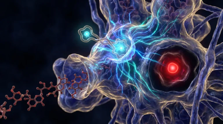 Ilustración molecular de para qué sirve la tiamina, con el cofactor acoplado al complejo de la piruvato deshidrogenasa dentro de la mitocondria.